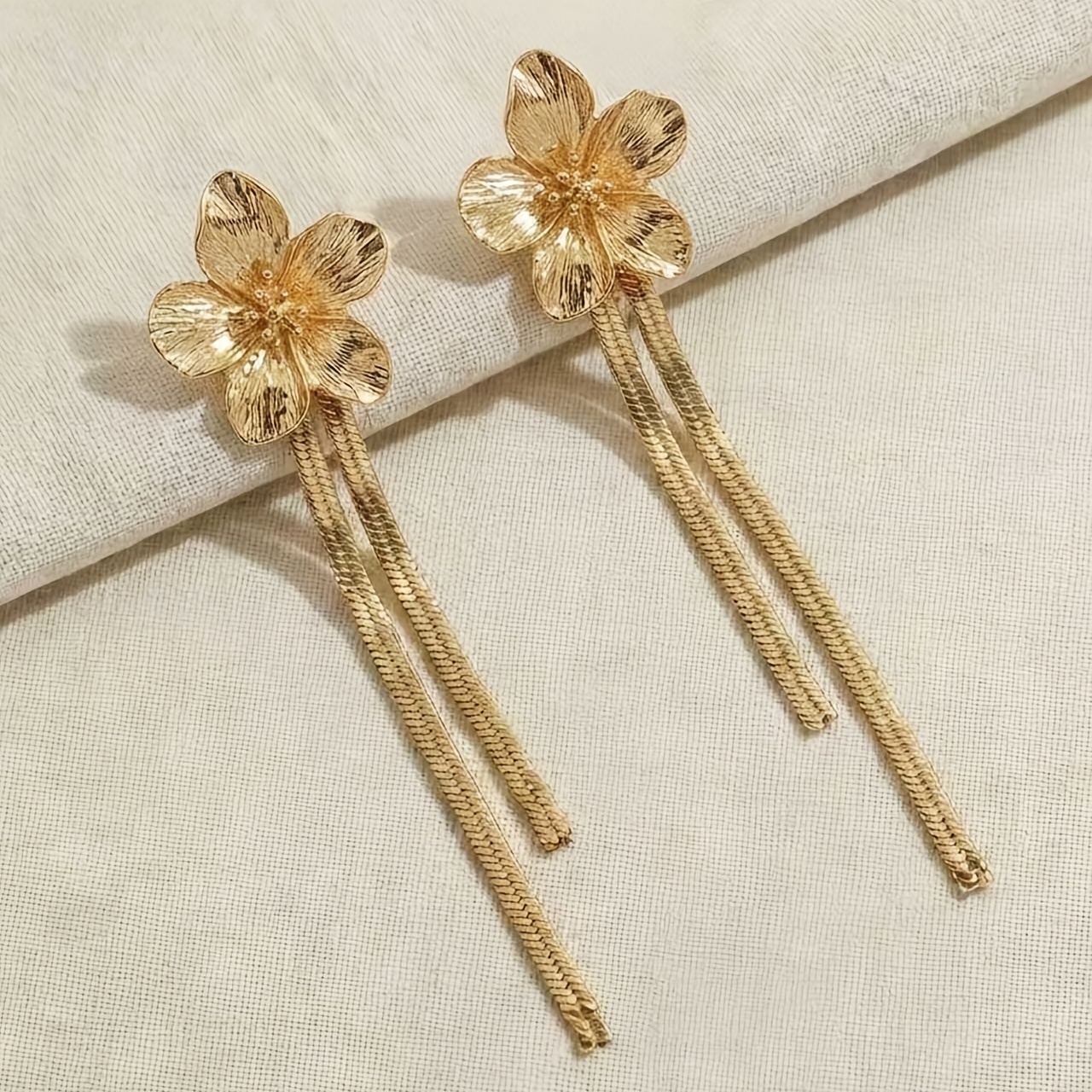 Golden Flower Shaped Tassel Long Stud Earrings