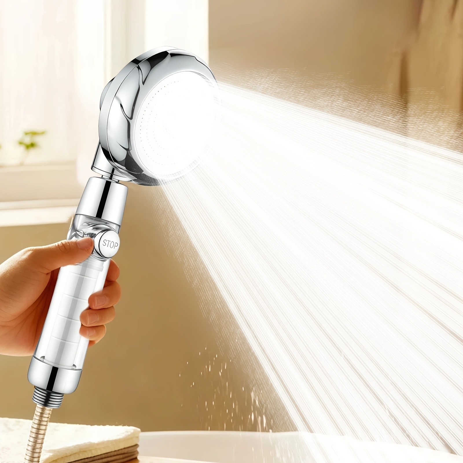 Image of 1pc Chrome Finish Pressure Handheld Shower Head With Stop Switch, Built-in Water Purification Filter, 3-mode Adjustable Showerhead, For Shower Use Only,for Shower Use Only