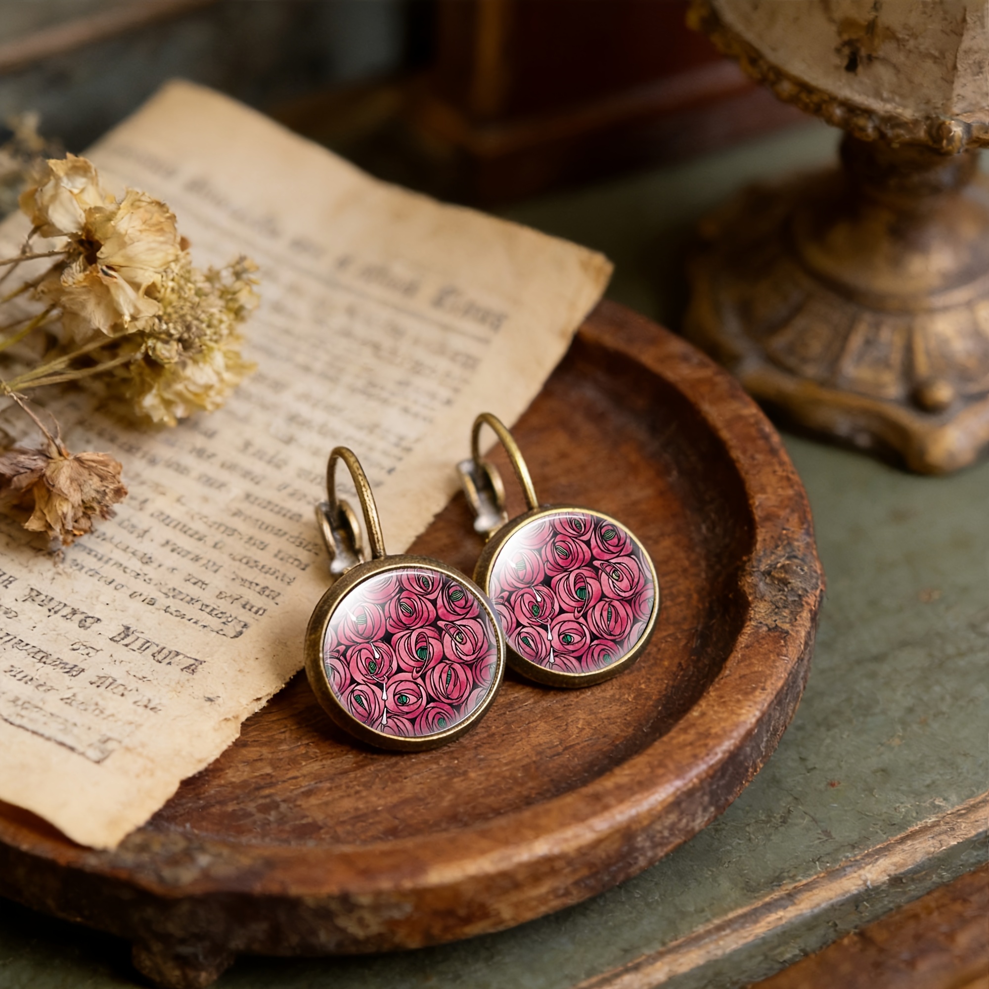 Cyan Round Classical Earrings with Pink Roses, Delicate Design