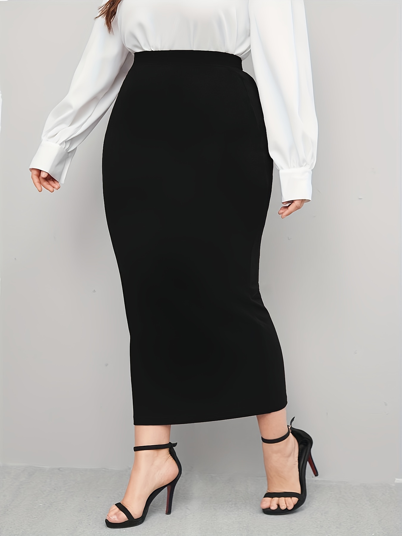 1pc Elegant Plus Size Midi Pencil Skirt 100% Polyester Knit Fabric, Solid  Color Medium Stretch for