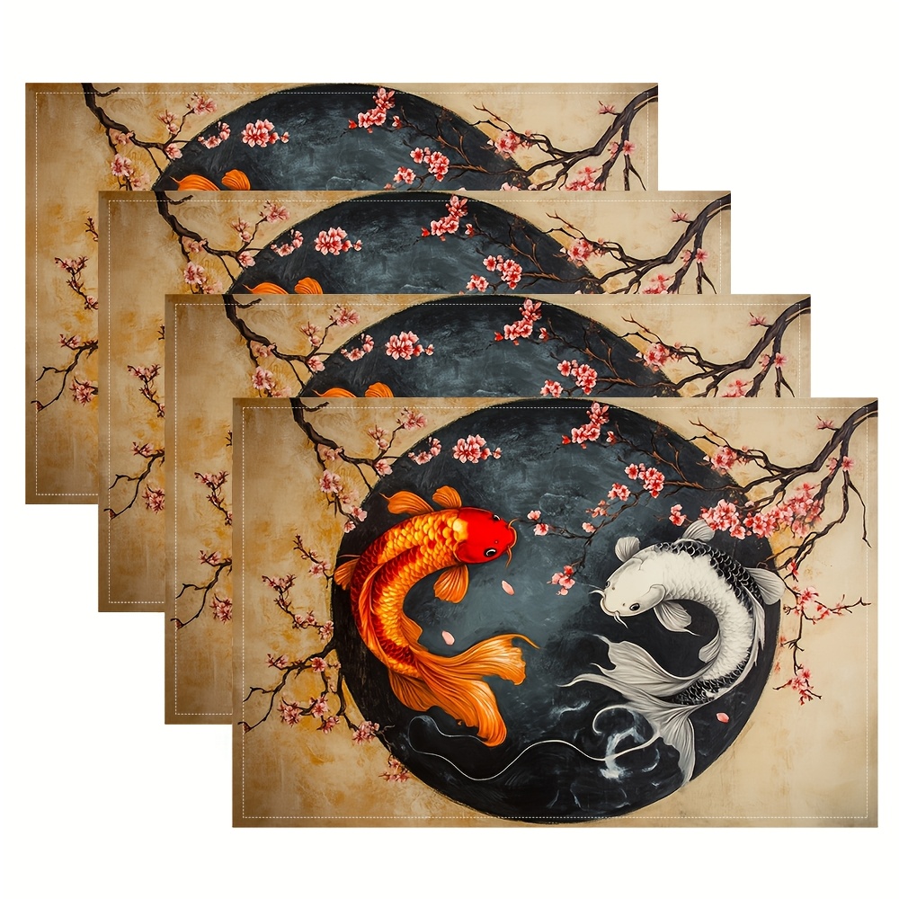 TEMU Ensemble de 4 pièces, Sets de Table Yin et Yang avec Koi et , motif imprimé pour table, pour salle à manger, cuisine, fête, intérieur, vacances,