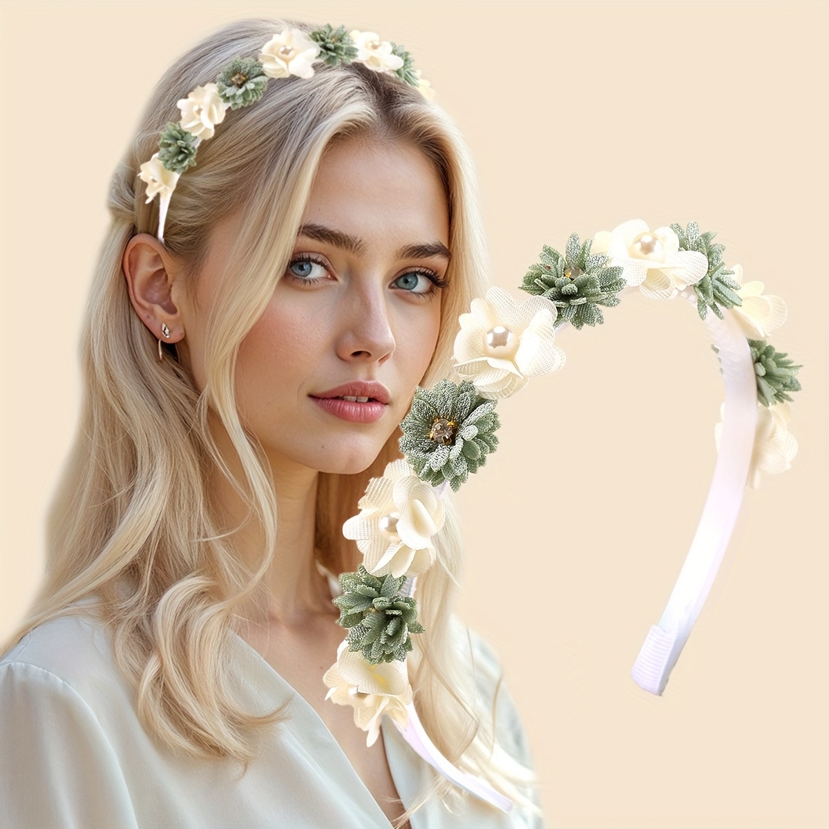 Blume Kopfschmuck Set Für Mädchen – 2 Stück, Verstellbare Blumenkrone Mit Strass & Perlen, Inkl. Handgelenkblume Für Hochzeit & Feiern