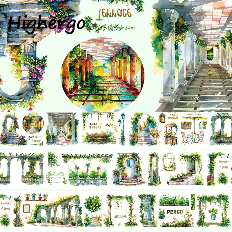 2m/roll Retro Architecture Pet Washi Tape, Transparent & Garden Scenery Stickers, Decorative Adhesive Tape, 100cm Loop, For Scrapbooking, Journaling, And Planner Decoration