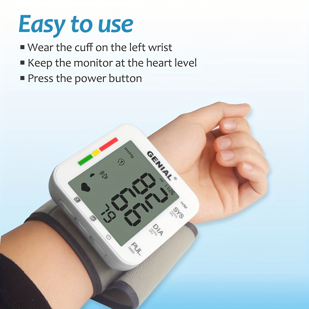   wrist   with large lcd display voice guidance adjustable cuff 5 31 7 68 inch auto inflation 99x2 memory high blood pressure alert portable with carrying case for home use health monitoring userfriendly design comfortable wristband durable construction Product details 2