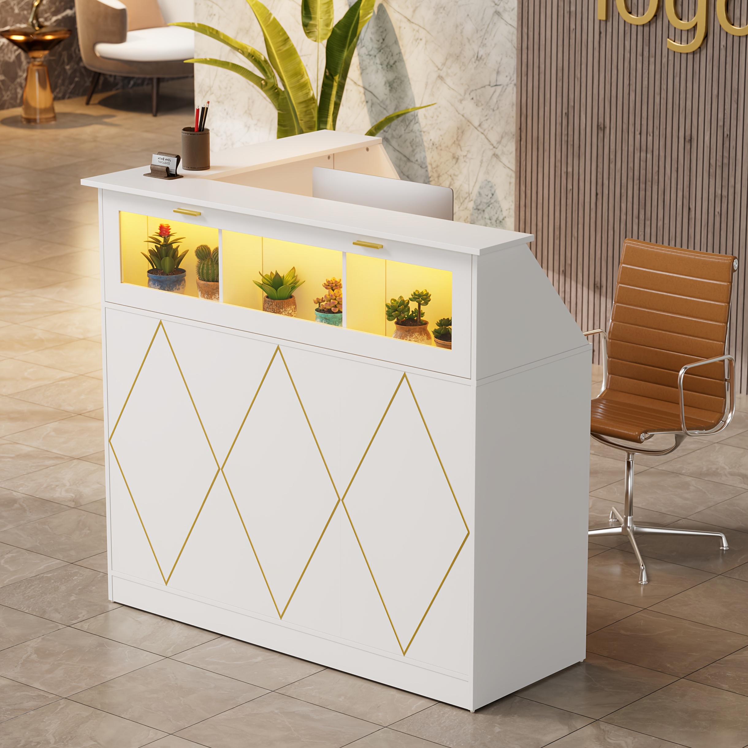 Image of Reception Desk, L-shaped Modern Reception Desk, Reception Desk With Glass Display Shelves, Reception Desk With Drawers And Lockers, , Suitable For Lobbies, Salons, Retail Stores, Home Offices, White