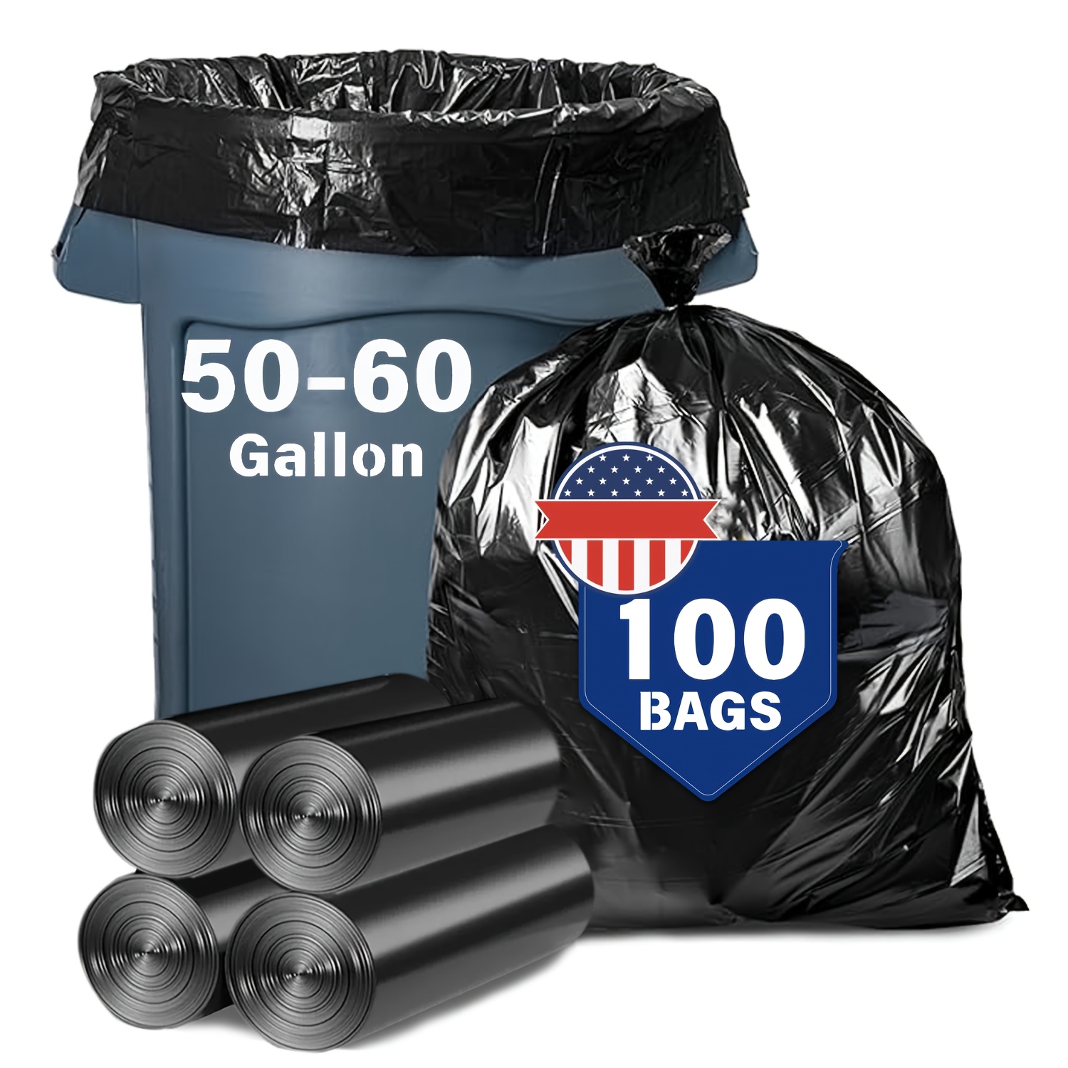 TEMU 100 Count Black Trash Bags, 100 Count (4 Roll) 50-60 Gallon Sturdy & Tear-resistant Commercial Can Liners, Large Garbage Bags, Recycling Plastic