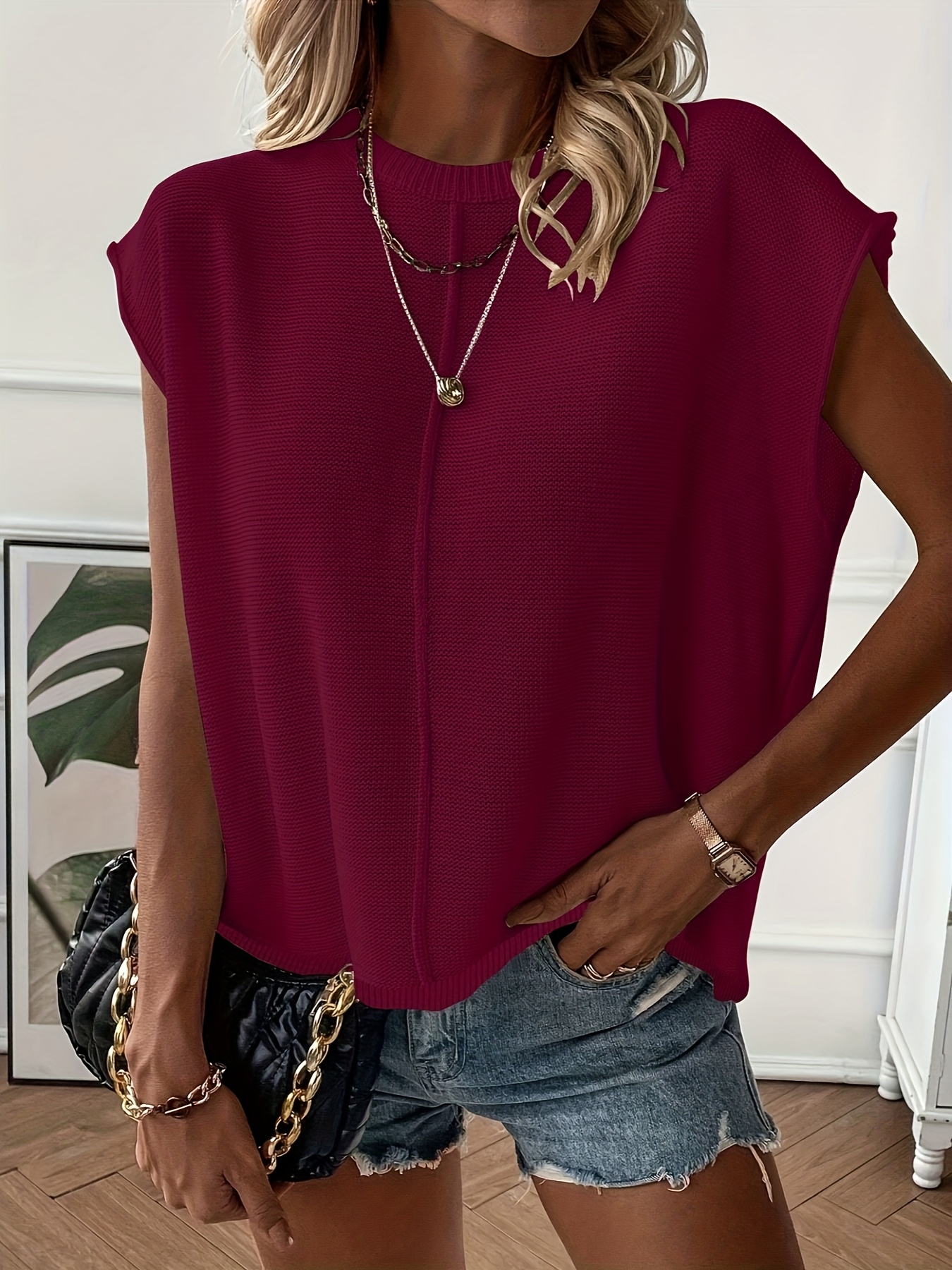 Women's Sexy Semi-Sheer Summer Sweater Vest - Round Neck Sleeveless Light Blue Top, Hand Wash Only, Versatile Layering Piece for Casual to Dressy Outfits, Layering Fashion, Feminine Style, Fine
