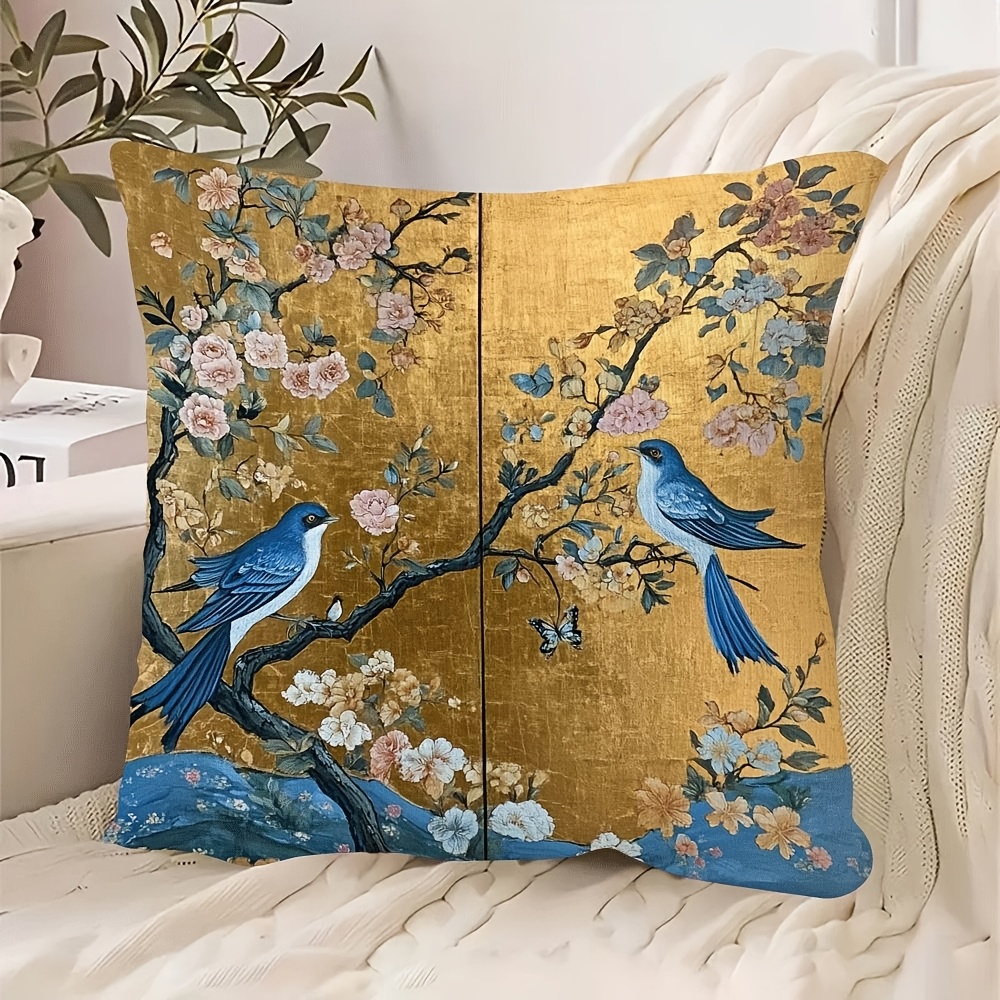 

Chic Blue & Golden Chinoiserie Birds And Flowers Throw Pillow Cover, 18x18 Inch - Sofa, Bed, Car, Living Room, Office Decor | Machine Washable Polyester With Zip Closure