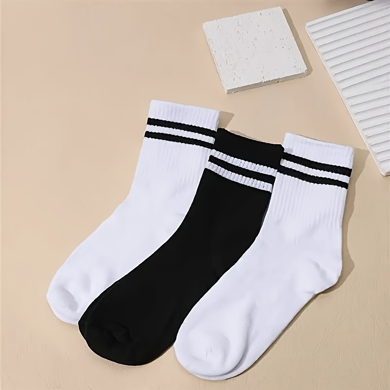 Black and White Striped Minimalist Style Sports Casual Socks (3/5 Pairs)