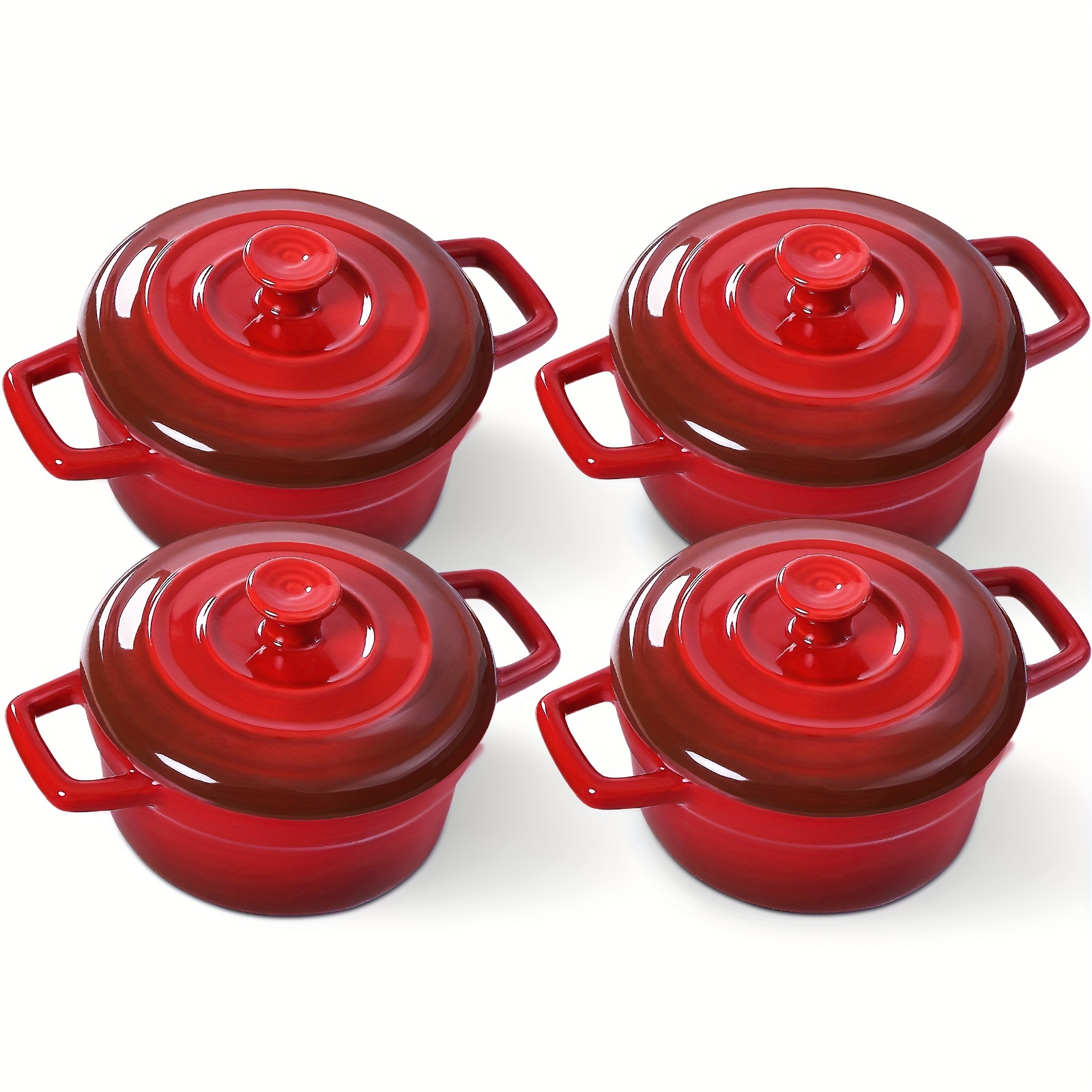 

Mini Cocotte - 12oz Ceramic Casserole Dishes - Kitchen Casserole Sets With Handles And Lid - Small Baking Ramekins - Oven, Microwave & Dishwasher Safe - Set Of 4 - Red