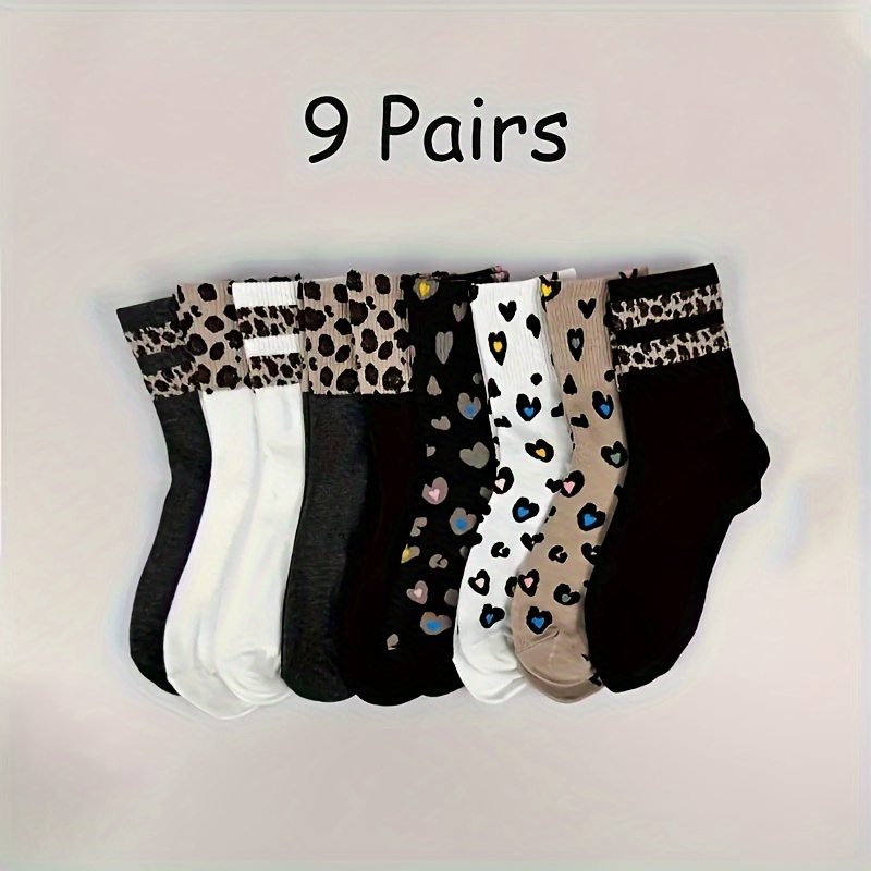 9-pair Autumn/winter Leopard Print Socks For Couples, Ribbed Cuff With , Style, Simple And Versatile, Sweat-absorbent, Unisex Mid-calf Socks