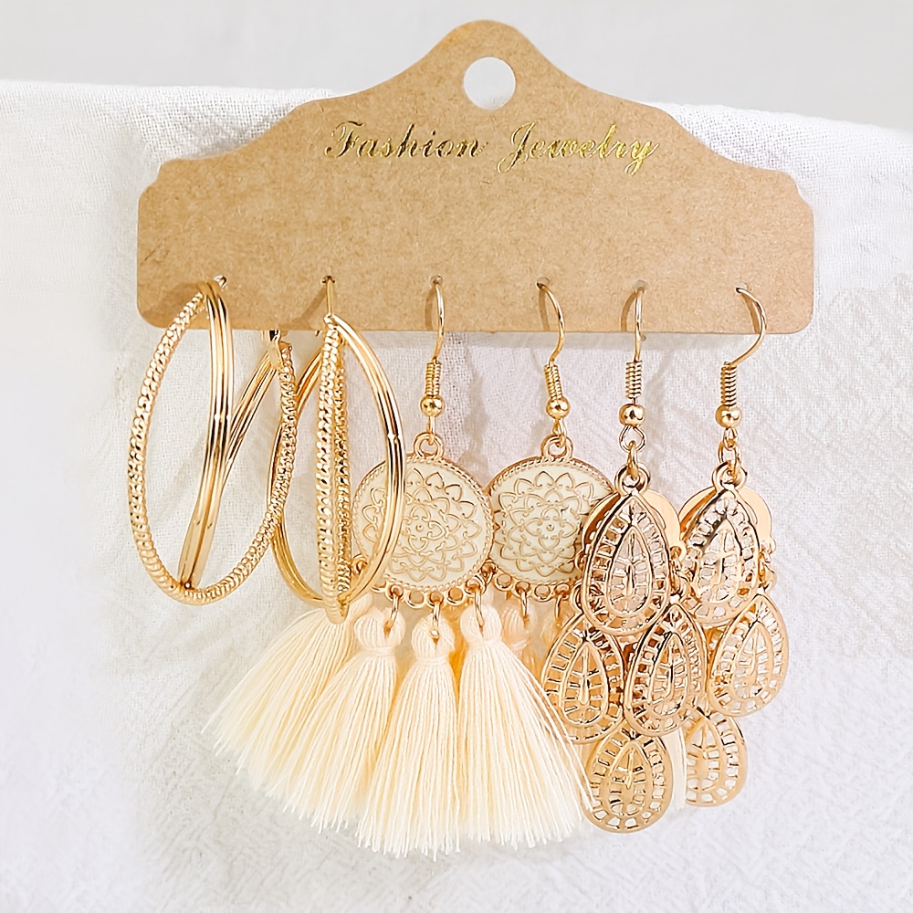 Image of Women's Earrings Set Of 3 Pairs, Minimalist Geometric Tassel Drop Hoop Earrings