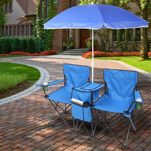 portable outdoor 2 seat folding chair with removable sun umbrella blue
