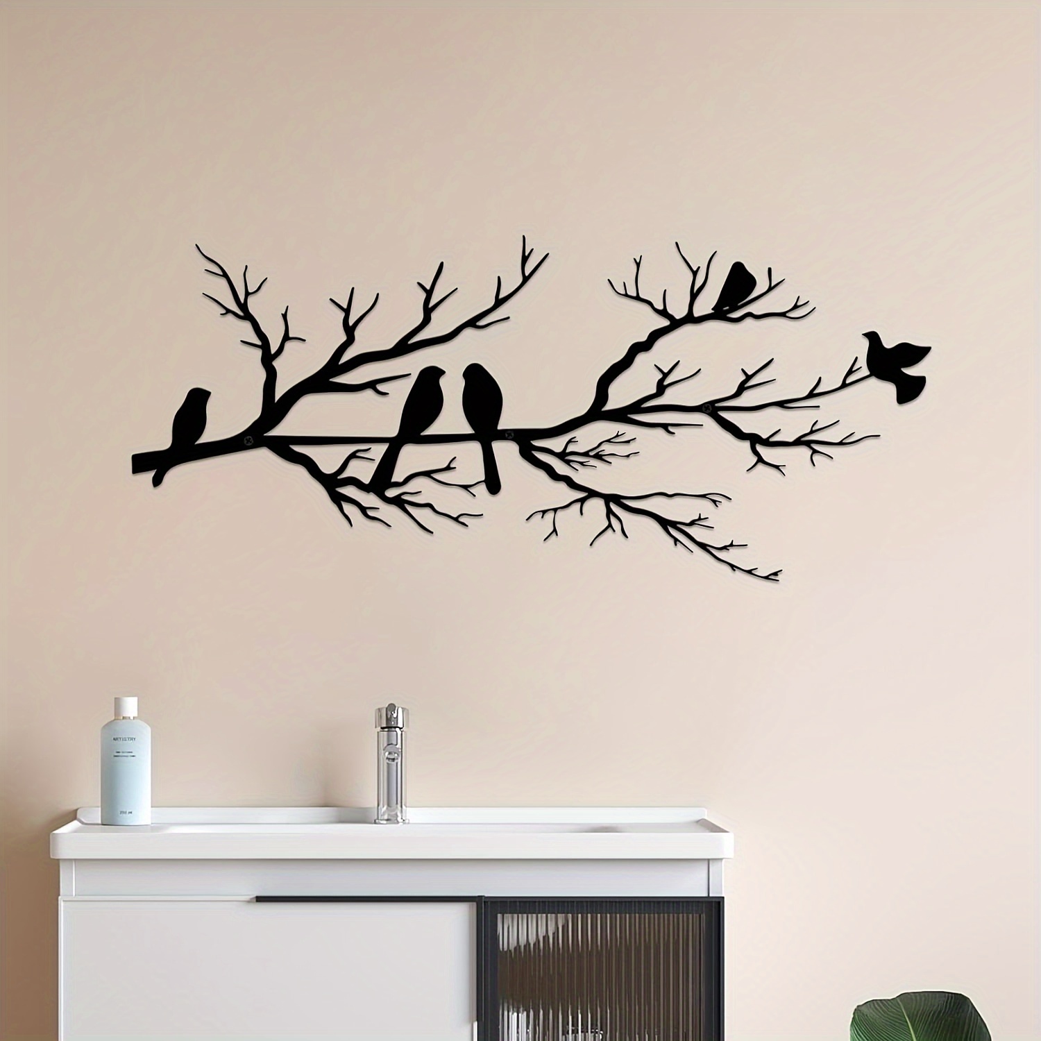 

1pc, Rustic Style Metal Birds On Branch Wall Art, Black Silhouette Leaves With Bird, Outdoor Hanging Wall Sculpture For Home, Balcony & Garden Decor