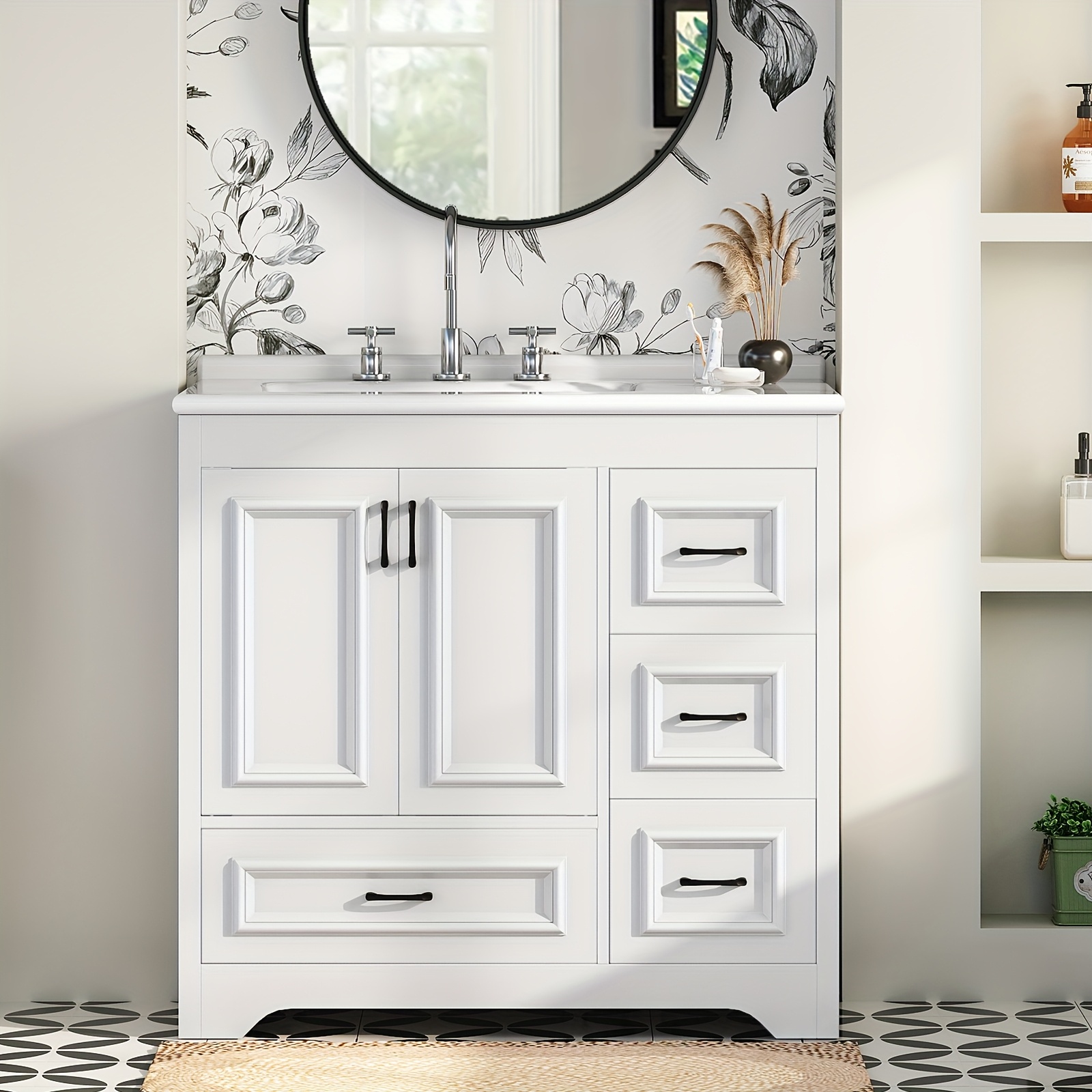 white bathroom vanity with sink   cabinet with ceramic countertop drawers and cabinet arc   design and metal glides drain kit not included for bathroom Product details 3