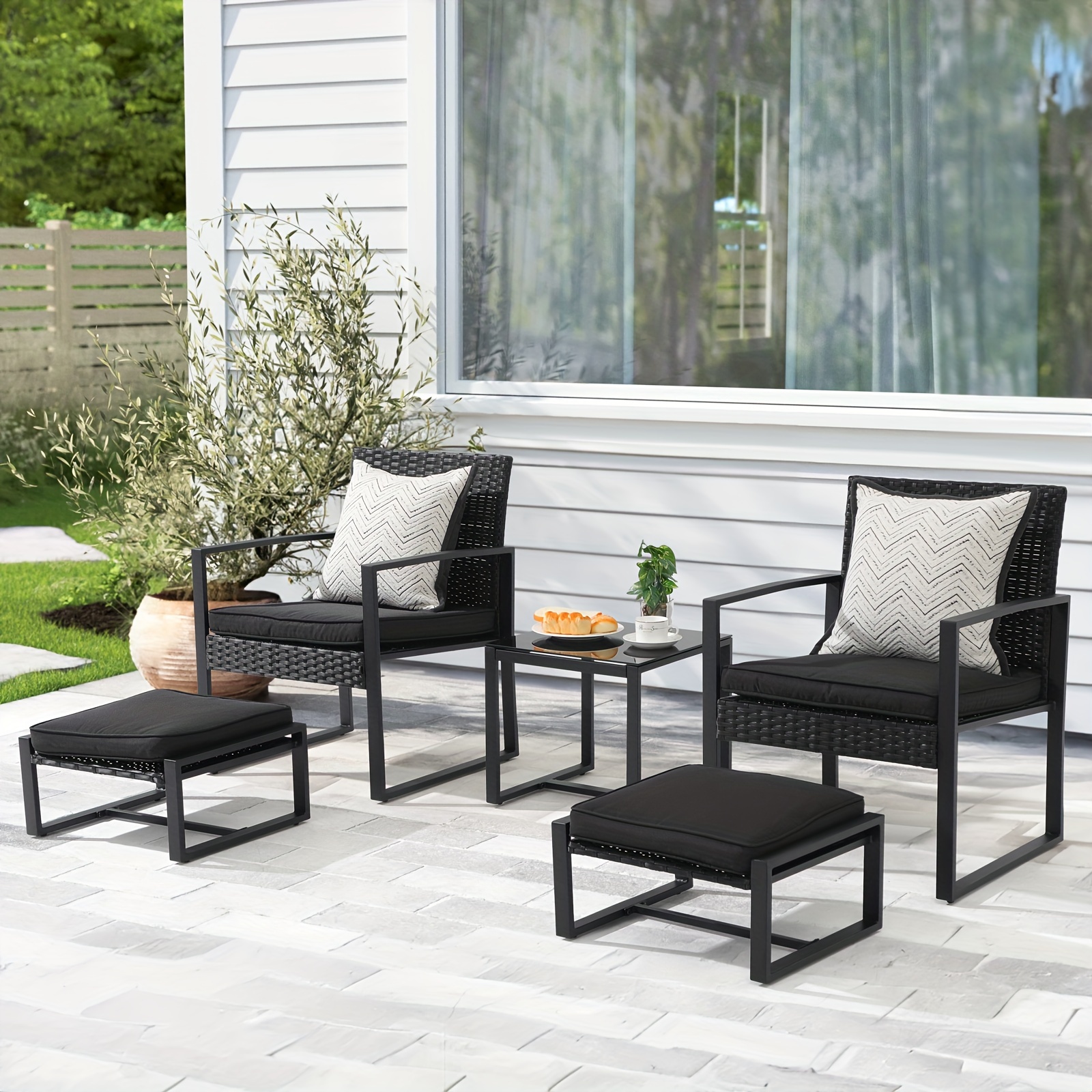 

5pcs Patio Furniture Set, Outdoor Steel Conversation Set, All-weather Wicker With Ottomans & Soft Breathable Cushions, Black
