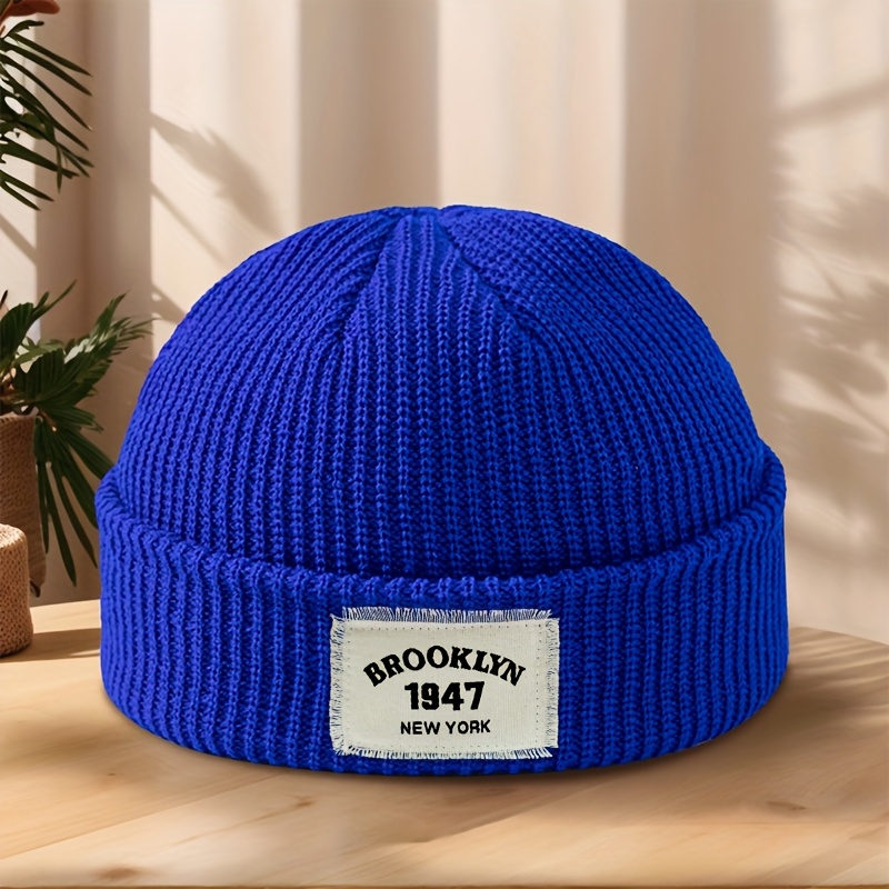 TEMU Brooklyn 1947 Print Applique Melon Knit Hat Autumn And Winter Soft Comfortable Warm Brimless Hat Outdoor Leisure Sports Running Cycling Skiing