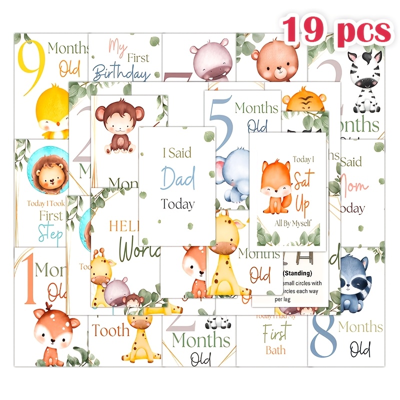 TEMU 19pcs Animal Themed Milestone Cards, Gift Enclosure Cards, Botanical Style Monthly Milestone Cards For Photo Props, Showers, And Keepsake