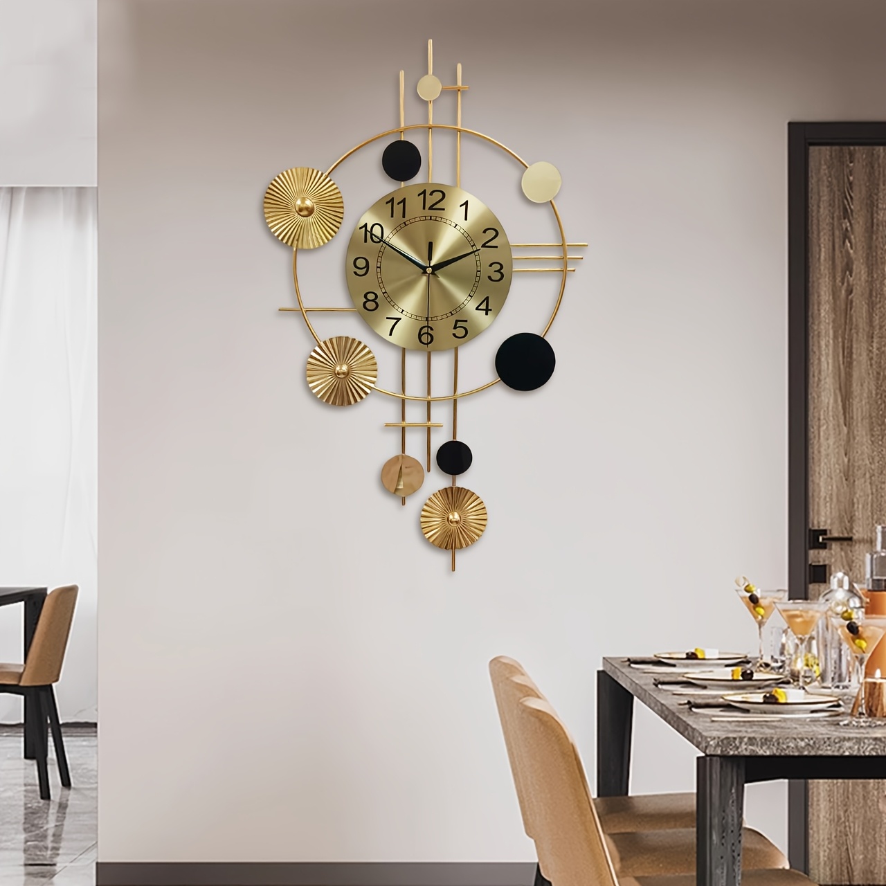 Image of 1pc Golden Metal Silent Wall Clock, No Punching, Modern Minimalist Clock, Movement, Living Room, Bedroom, Study, Dining Room Decoration, Nordic Retro Style Clock Background Wall Decoration