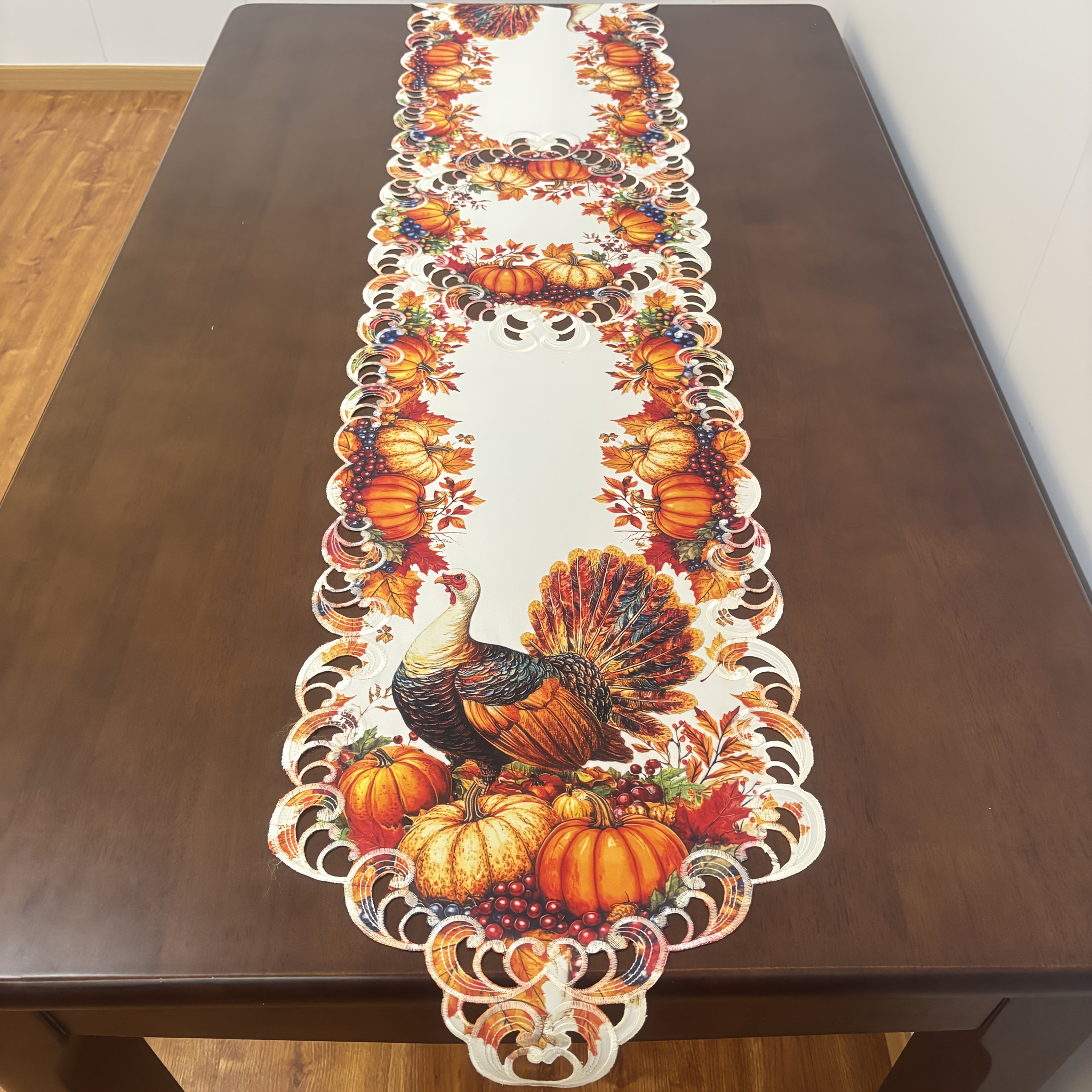 TEMU Thanksgiving Table Runner & Tablecloth Suitable For Thanksgiving/christmas/ Decorations - Embroidered Maple Leaf, Hollow-out Pumpkin Turkey With