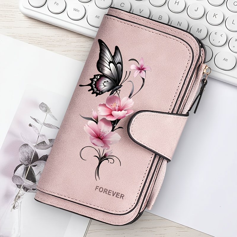 TEMU Ink-style And Floral Large Capacity Women's Printed Long Zipper Wallet | Casual, Lining, Snap Closure, Random Floral Print, Suitable For Travel,