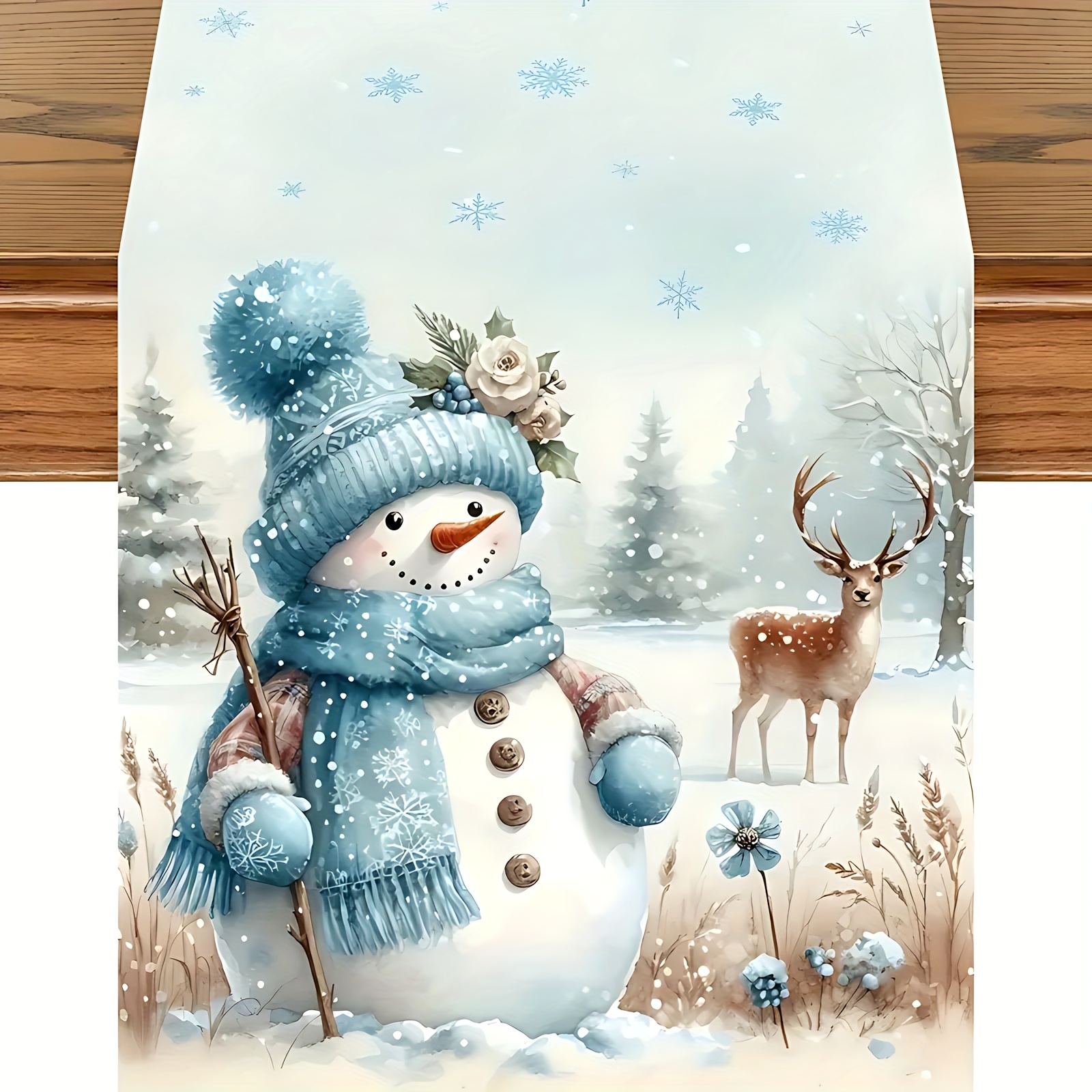 Image of 1pc Christmas Blue Snowman Reindeer Table Runner, Winter Snowflake Tablecloth, Christmas Home Indoor/outdoor Party Decoration