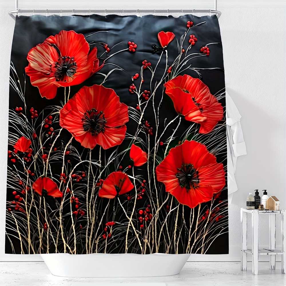 

Ywjhui Luxury Red Floral Pattern Digital Print Shower Curtain, Water-resistant Polyester Bath Curtain With Hooks, Machine Washable, All-season Knit Weave With Exquisite Flower Design