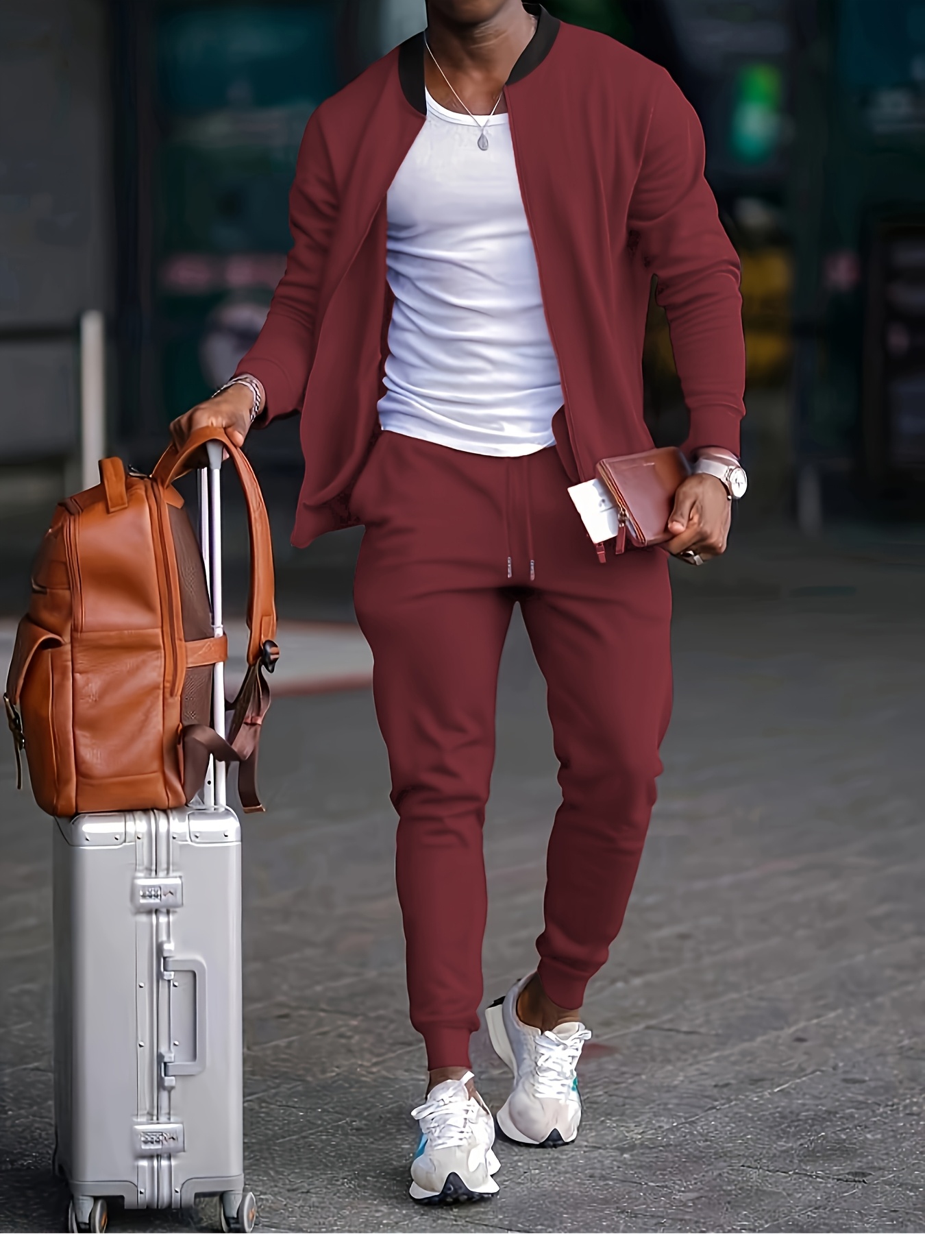 mens outfit solid long sleeve zip jacket drawstring joggers Temu