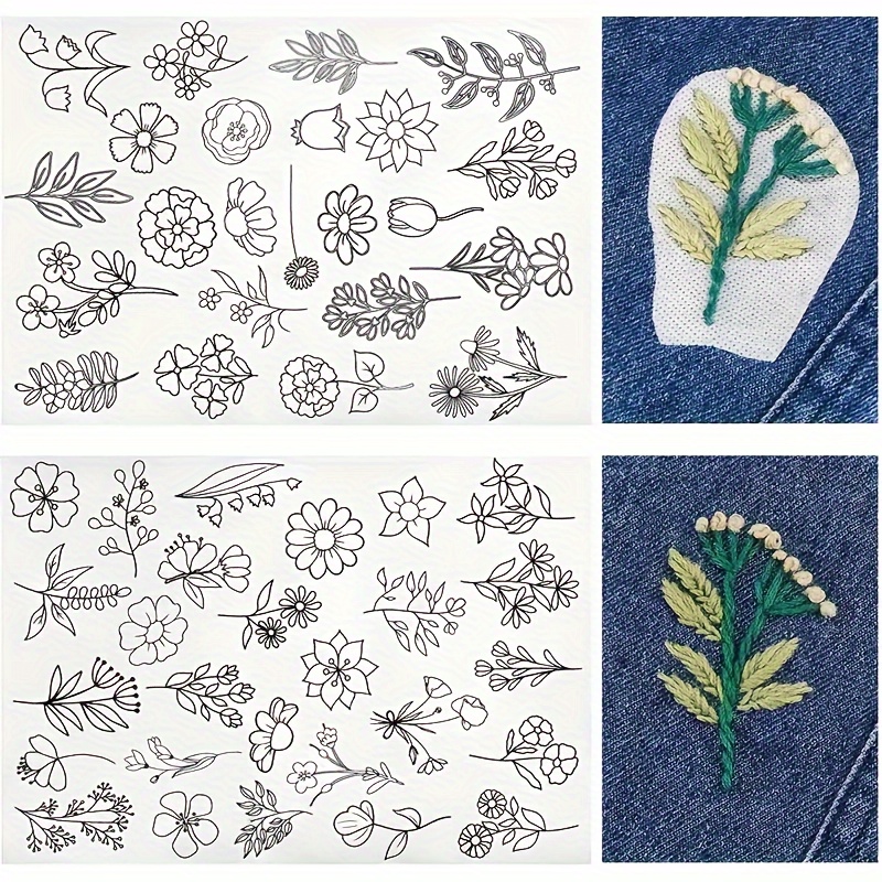 

50pcs Pre-printed Embroidery Transfer Patterns, Water-soluble Stabilizer Sheets For Sewing, Diy Handcraft For Enthusiasts & Beginners, Floral & Leaf Designs