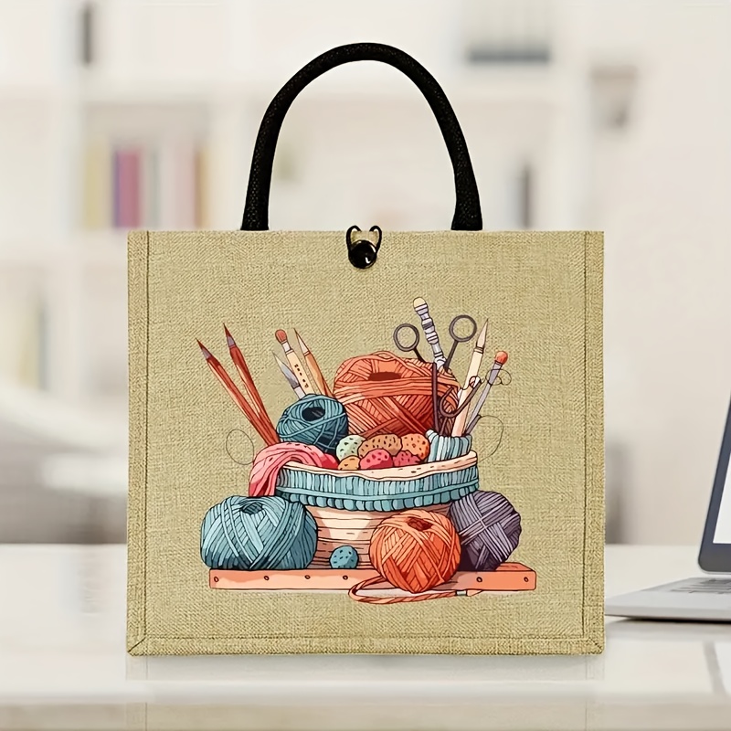 Large Capacity Jute Handbag With Vibrant Woven And Crochet Design - Durable, Stylish, Perfect For Outdoor Picnics | Fun Printed Handbag | Durable Jute Bag
