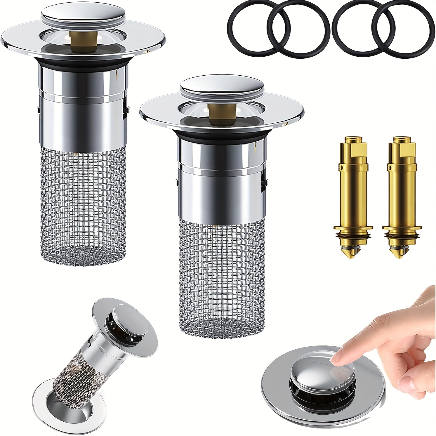 

2-pack Pop-up Bathroom Sink Stopper With Removable Stainless Steel Hair Catcher - Universal Fit Drain Strainer For Us Sinks Bathroom Sink Organizer Bathroom Sink Strainer