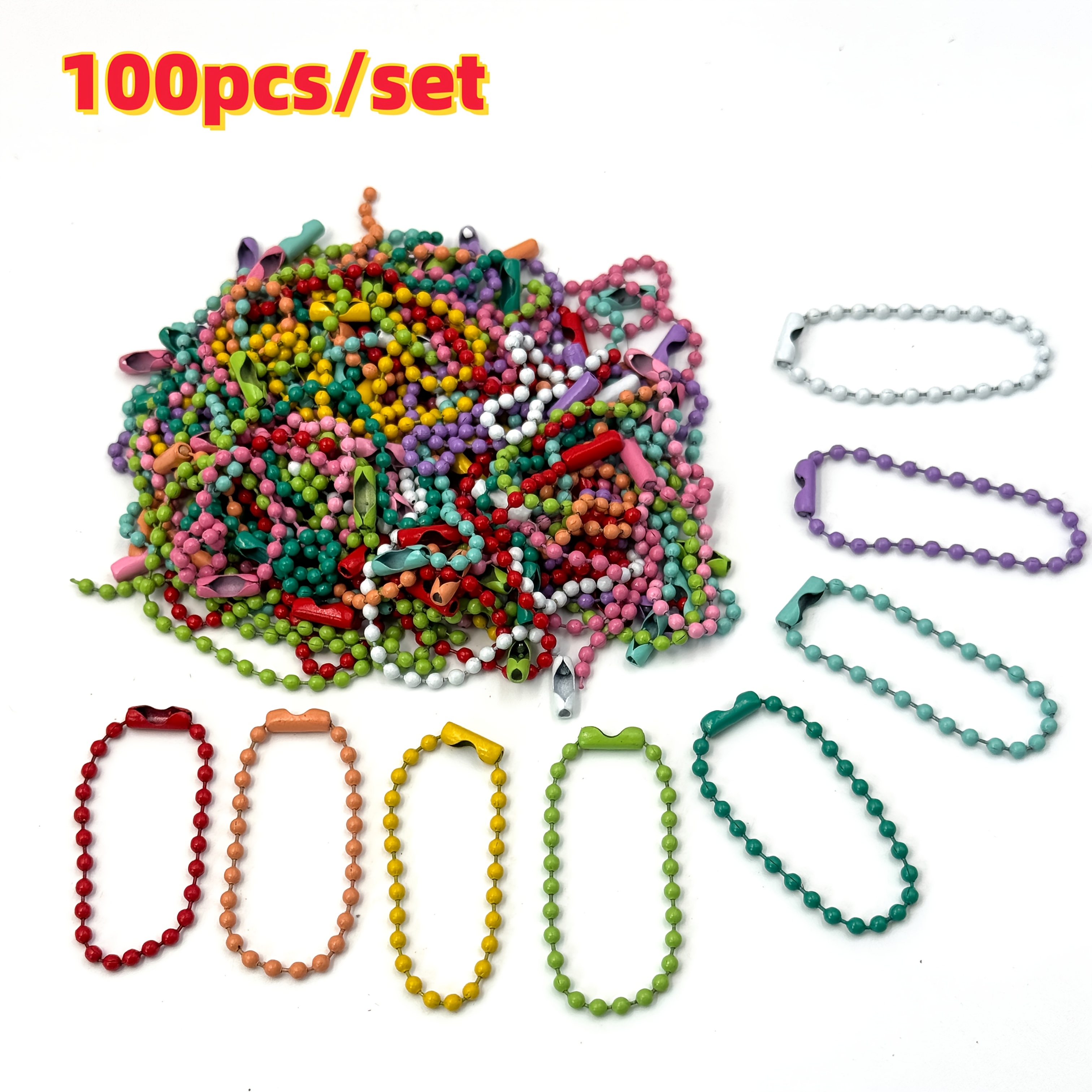 100pcs Metal Colorful Beaded Chain Keychains, . 10cm/3.94in In Length