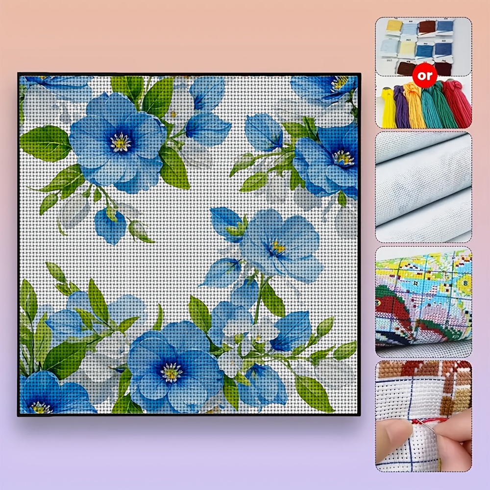 DIY Cross-Stitch Printed Kit, Unframed, "Blue and White Floral with Green Leaves" Pattern