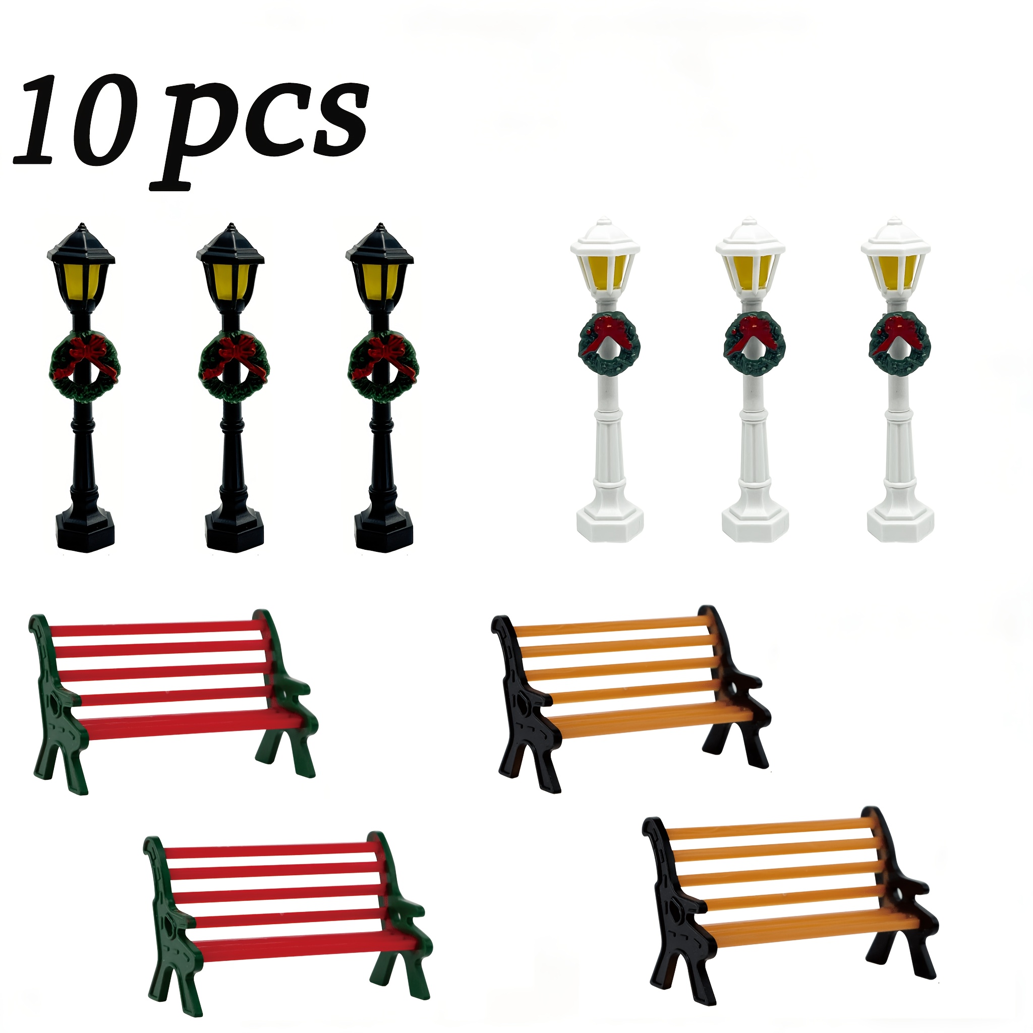 TEMU 10pcs Mini Christmas Street Lamp And Park Bench Ornament Set, Retro Mini Street Light With Christmas Wreath, Bench Furniture, Winter Micro