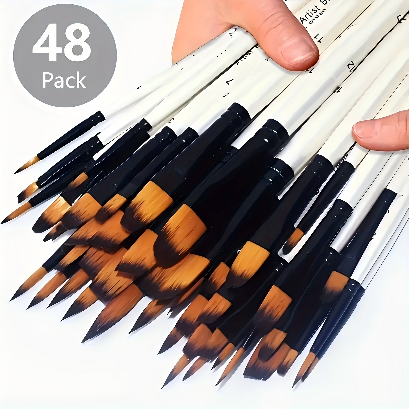 Image of 48pcs Brush Set With Premium Wooden Handles And Nylon Bristles - Includes Round, , Flat, And Angled Tips, Suitable For Acrylics, Watercolors, Oil Painting, Crafts - Artists And Enthusiasts, Supplies
