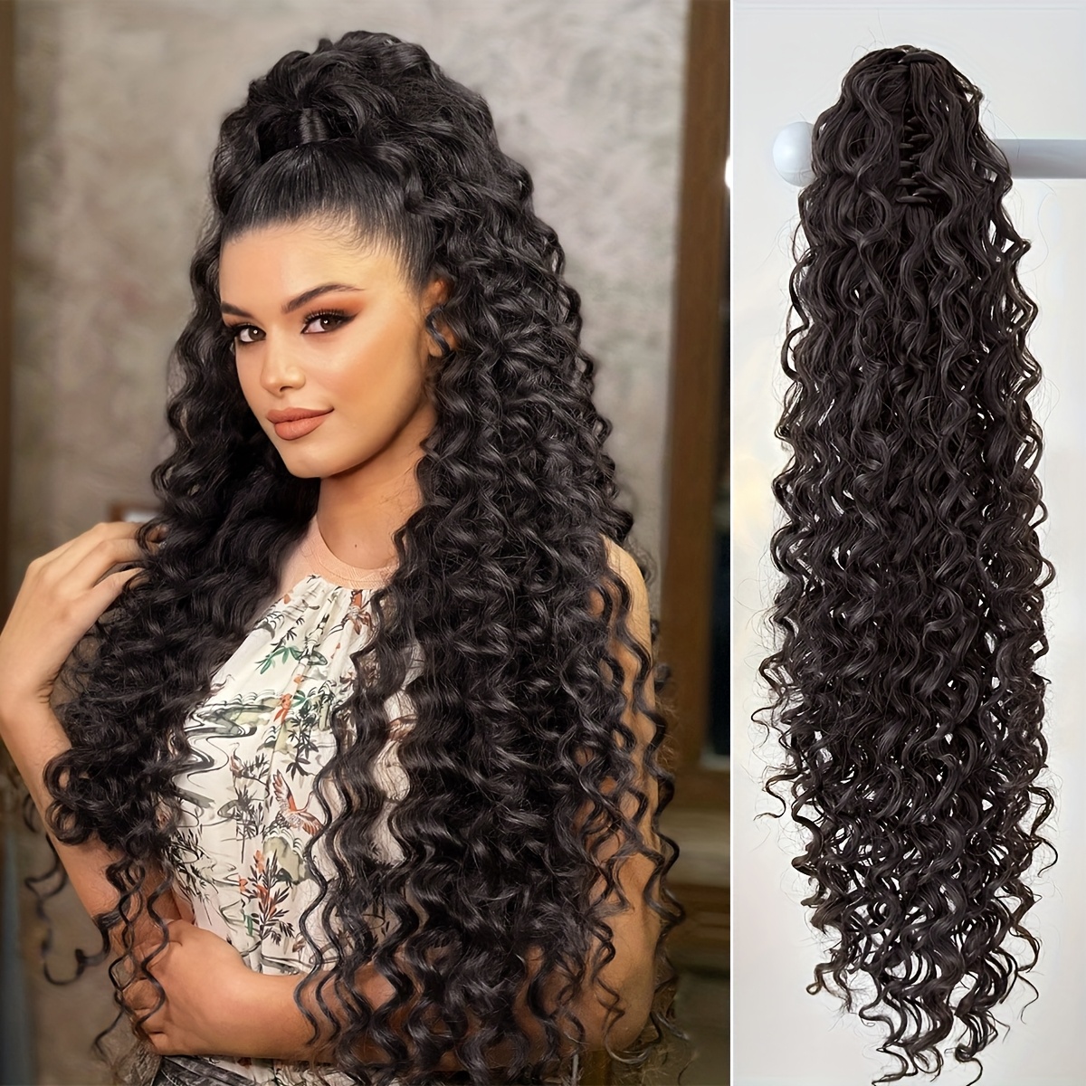 Ponytail Extension High Temperature Fiber 24 Inch Curly Wavy Dark Brown Long 24 deep wave dark brown claw clip ponytail - Temu main image 4