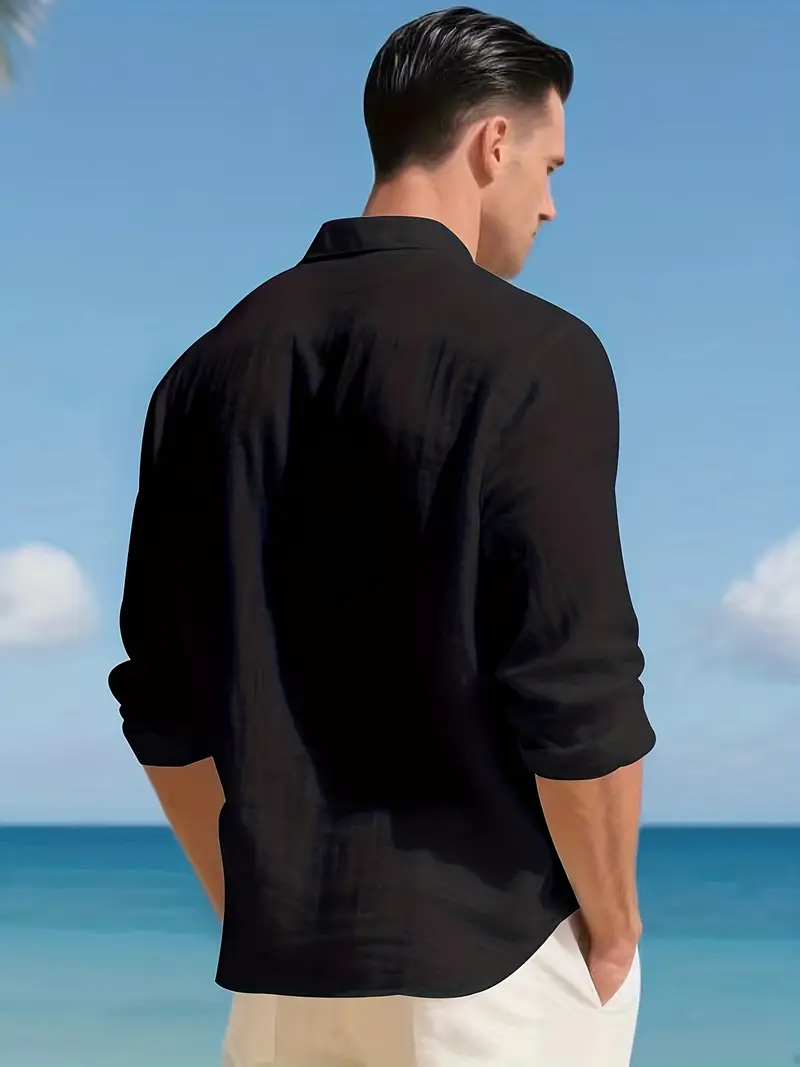 mens reversible stand collar linen shirt beige collar long sleeve button up button top machine washable regular casual formal wear fiber dress shirt Product details 1