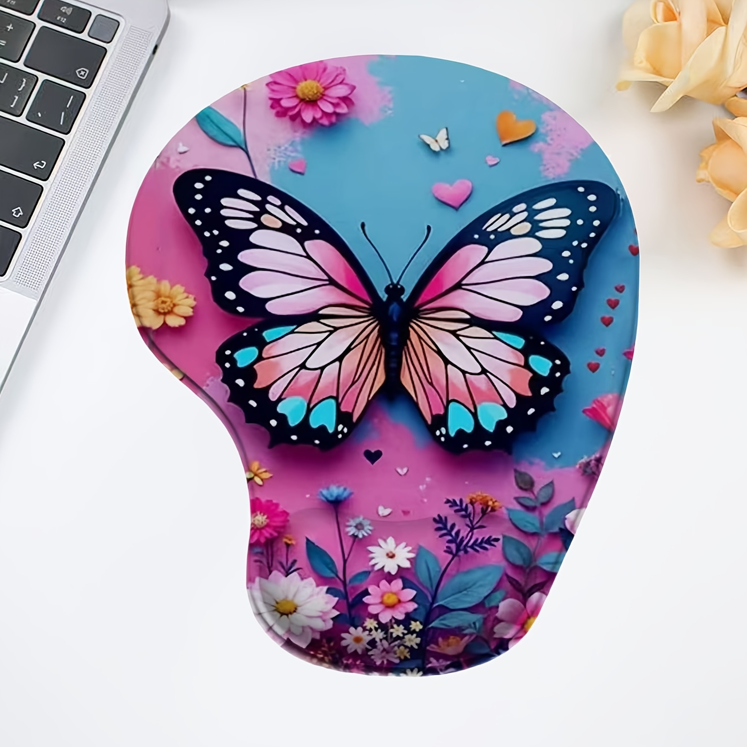 TEMU Mouse Pad Made Of Silicone With An Ergonomic Wrist Rest. Design Features: Large Butterflies With Small Flowers And Grass. Use , While Studying,