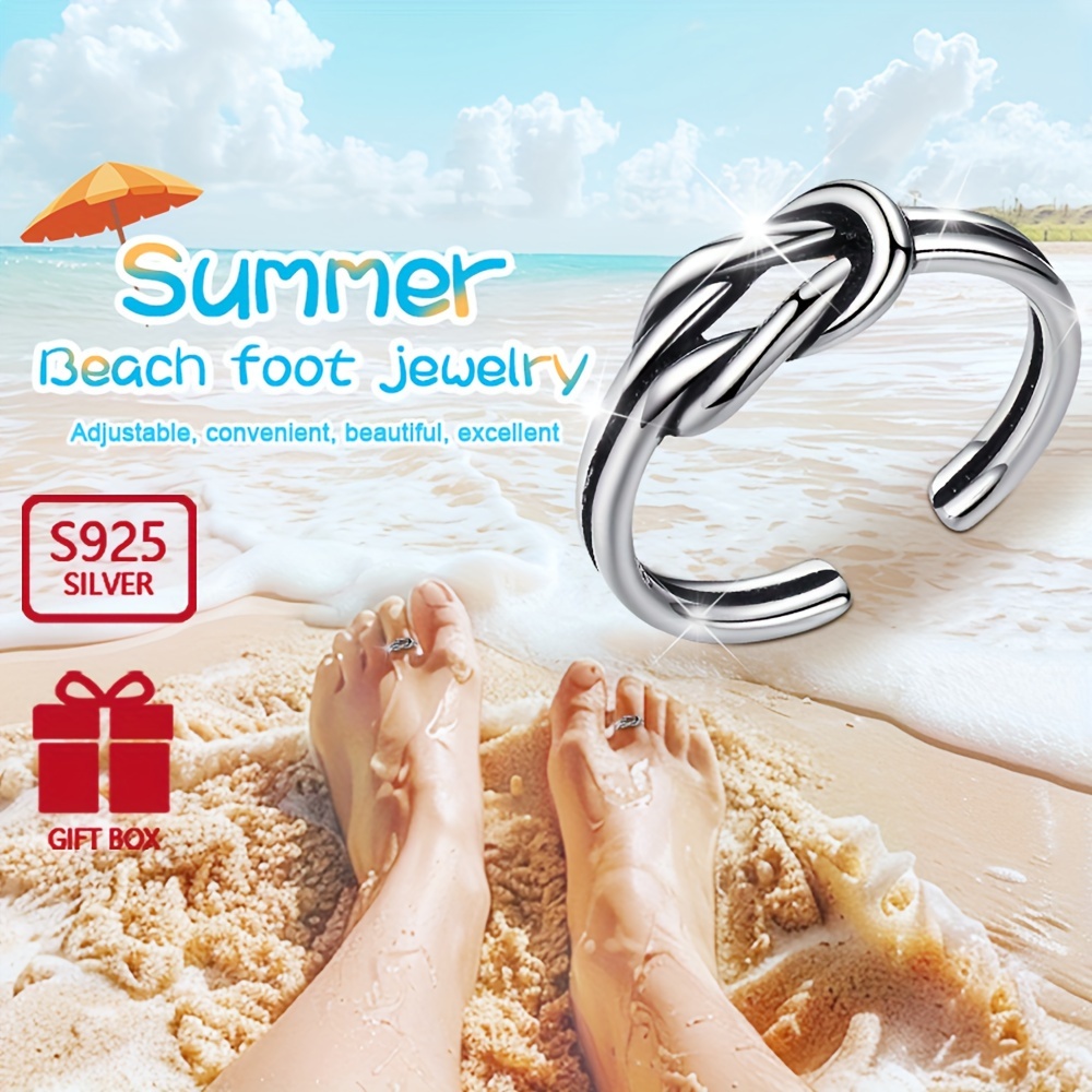 

1pc S925 Sterling Silver Knotted Shape Toe Ring, Vintage And Fashionable Summer Beach Sun Foot Ring, Intertwined Distressed Silver Love Heart Foot Ring, 2g/0.07oz