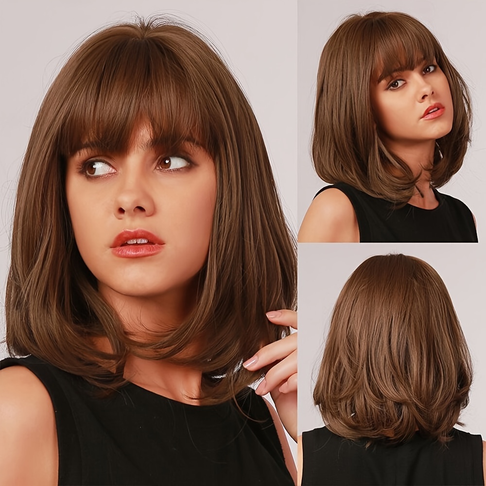 

14inch Short Wavy Bob Wig With Bangs, Synthetic Heat Resistant Fiber, For Daily Wear, Basic Style