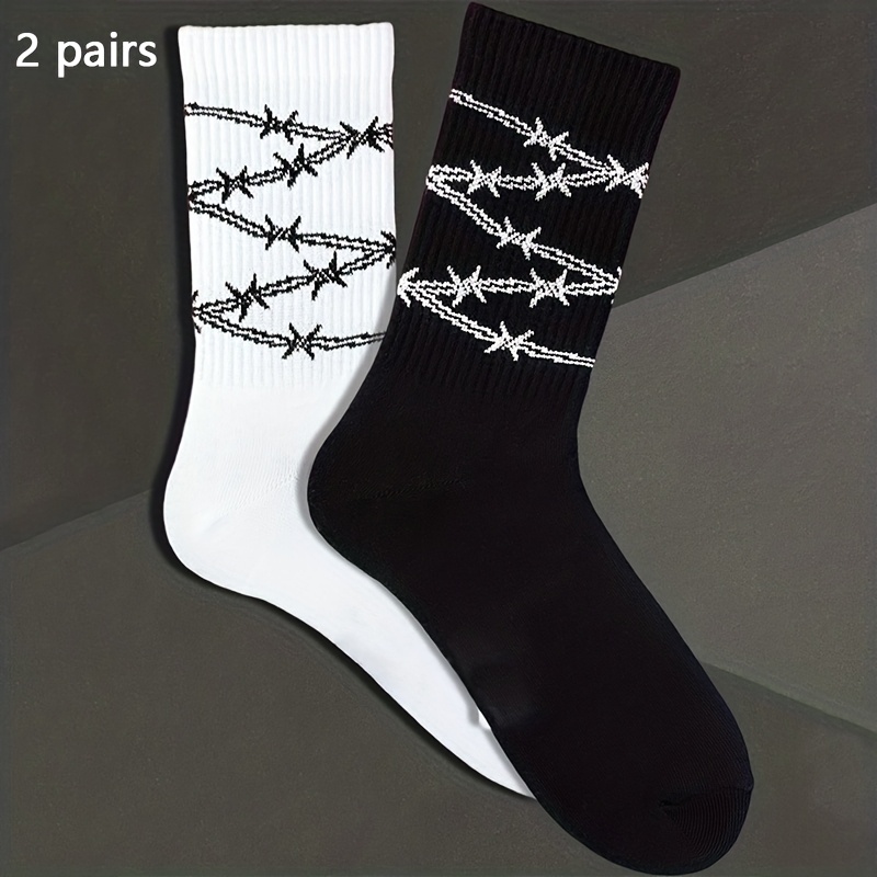 E-shop Zwei Paar schwarze und weiße, dornenmusterierte, mittelhohe Socken, lässige Socken für Herbst und Winter, dehnbare Damensocken, weiche, bequeme,
