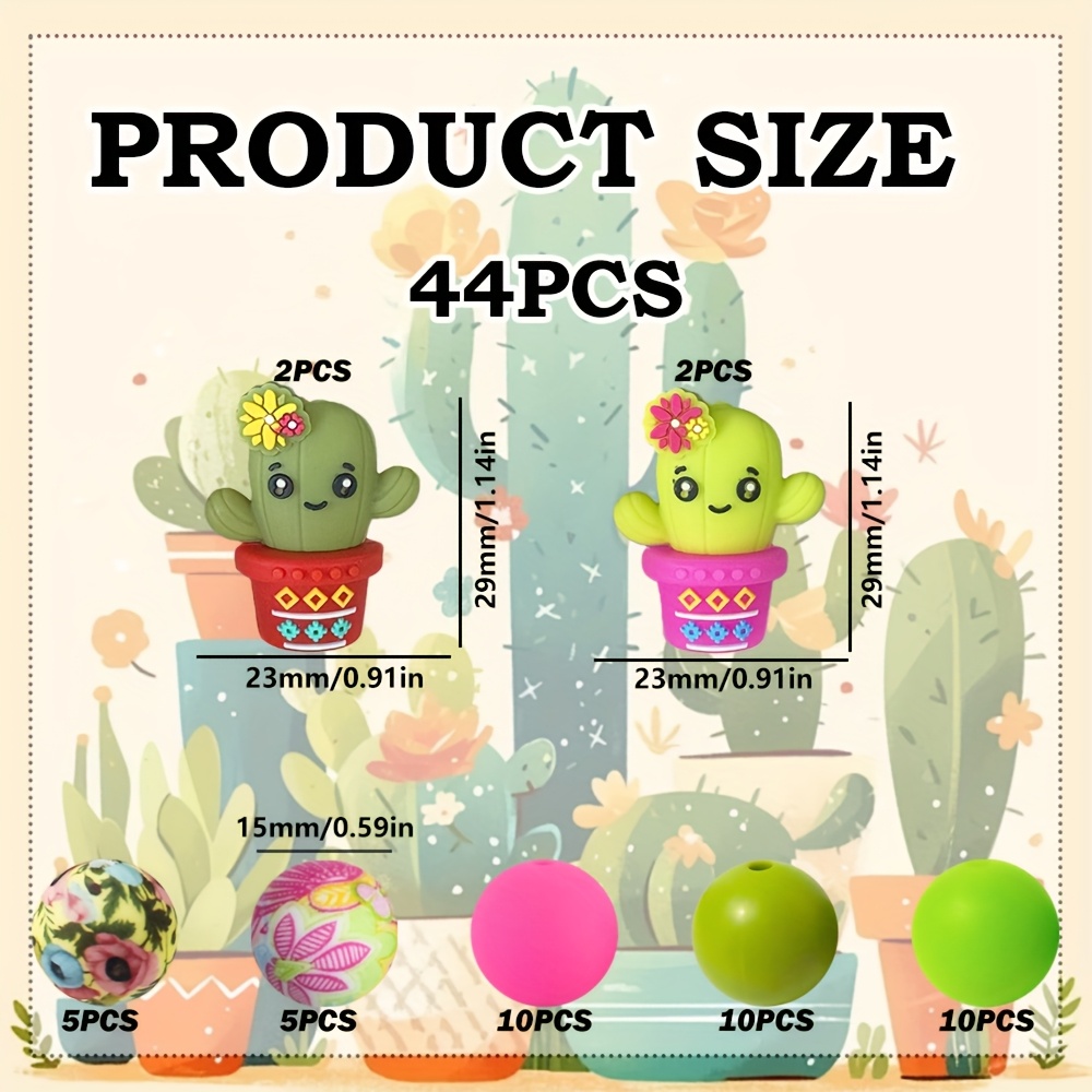 TEMU 44 perles en , perles libres 3D ethniques bohèmes de cactus avec imprimé à motif bohème, perles rondes colorées. Convient pour la décoration de