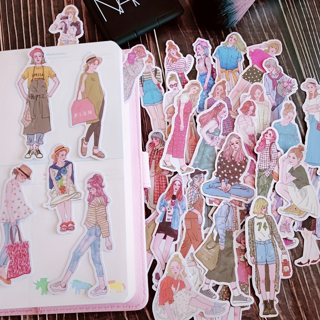 Image of 100 Sheets Non-repeating City Girl Outfit Styling Stickers, Photo Stickers, Fashion Cute Girl Styling Greeting Card Stickers