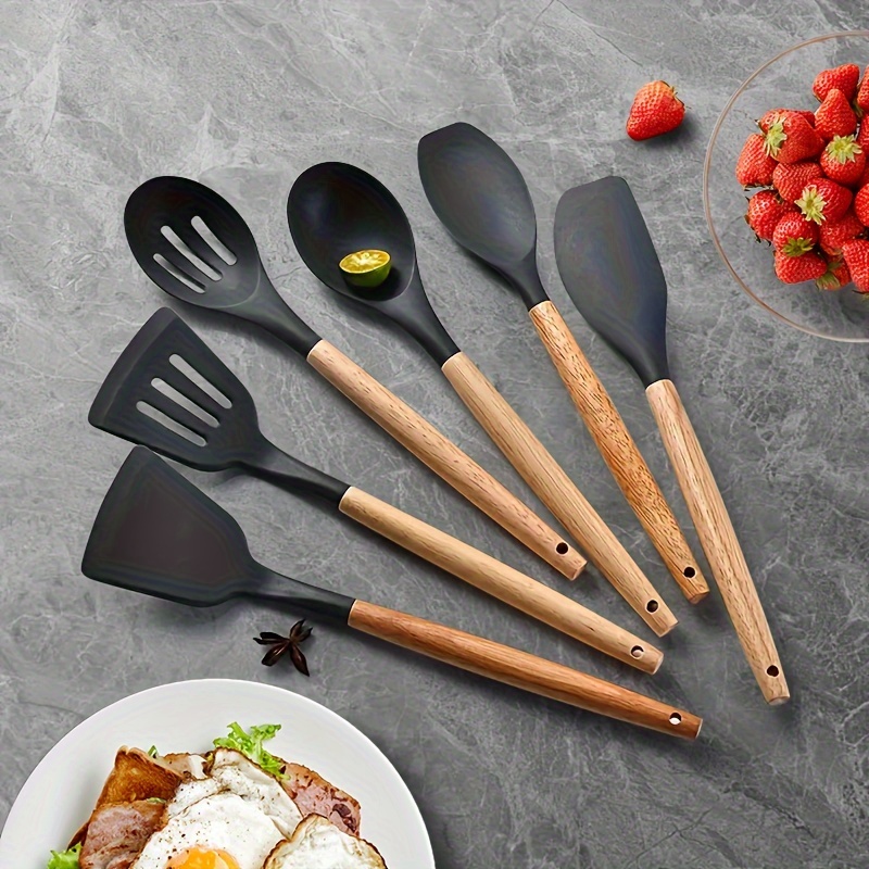 6 12  silicone kitchen utensil set heat resistant turner spoon spatula brush whisk with wooden handles for non stick cookware bpa free details 6