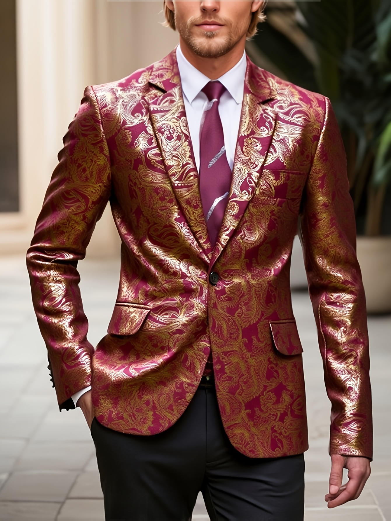 Men's Golden Paisley Graphic Print Blazer, Casual One Button Lapel Suit Jacket For Spring Fall Business Banquets, Parties, Outdoor Cloth