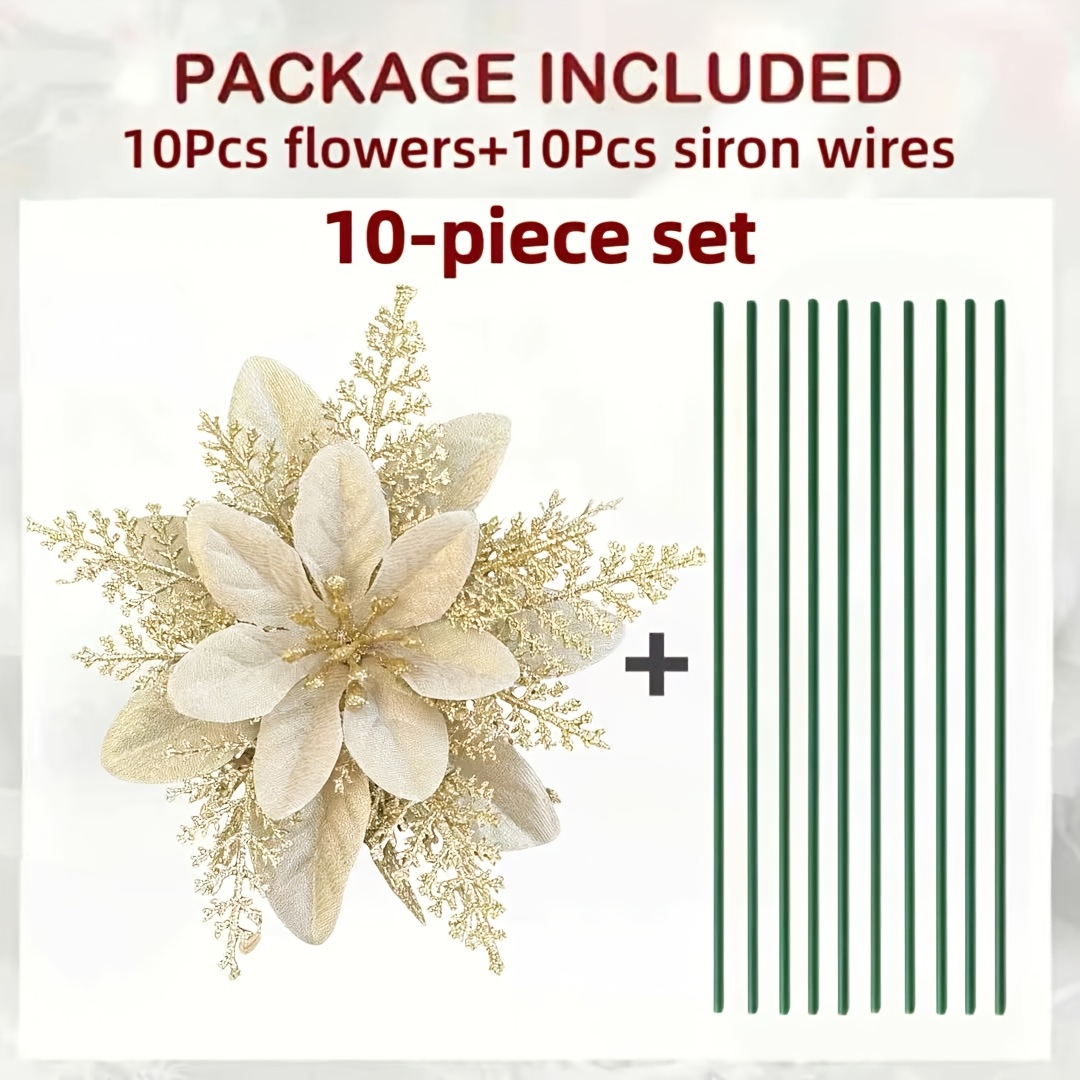 TEMU 20pcs Set (10pcs Flowers And 10pcs Stems) New Glitter Christmas Flowers, Double Layer Handmade Artificial Red Roses With Sequins - 5.91 Inches