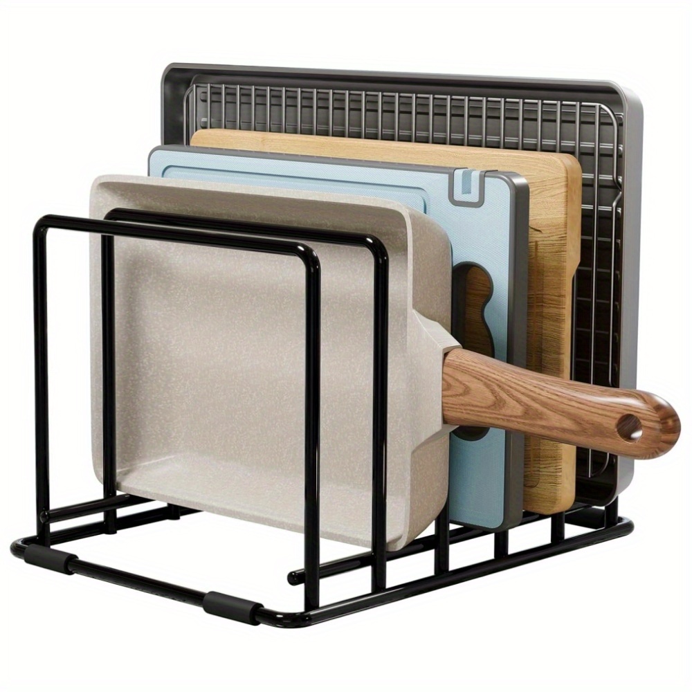 TEMU 5-slot Stainless Steel Kitchen Frying Pan Rack And Utensil Organizer - Space-saving Vertical Storage, Suitable For Thin Pans, Baking Sheets, And