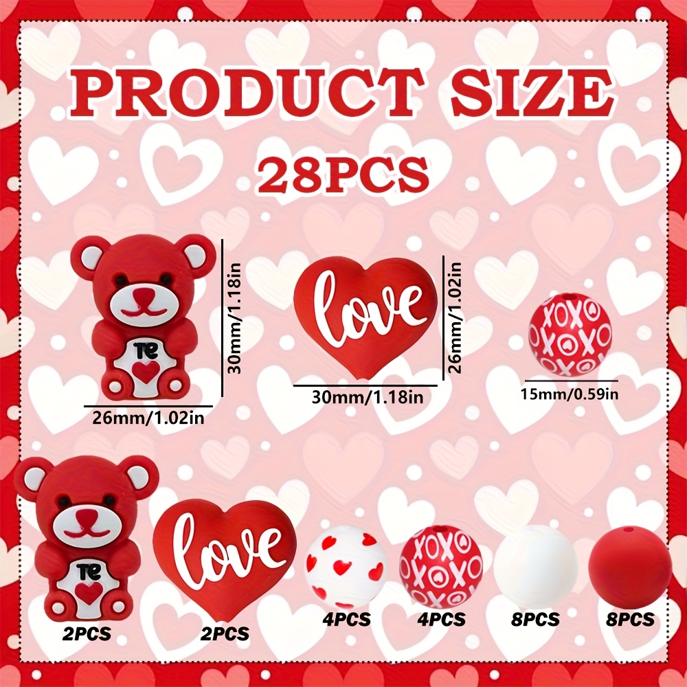 TEMU 28 Perline di silicone a forma di animale per San, perline di silicone a forma di a forma di cuore, perline a cuore, combinazioni rosse , adatte