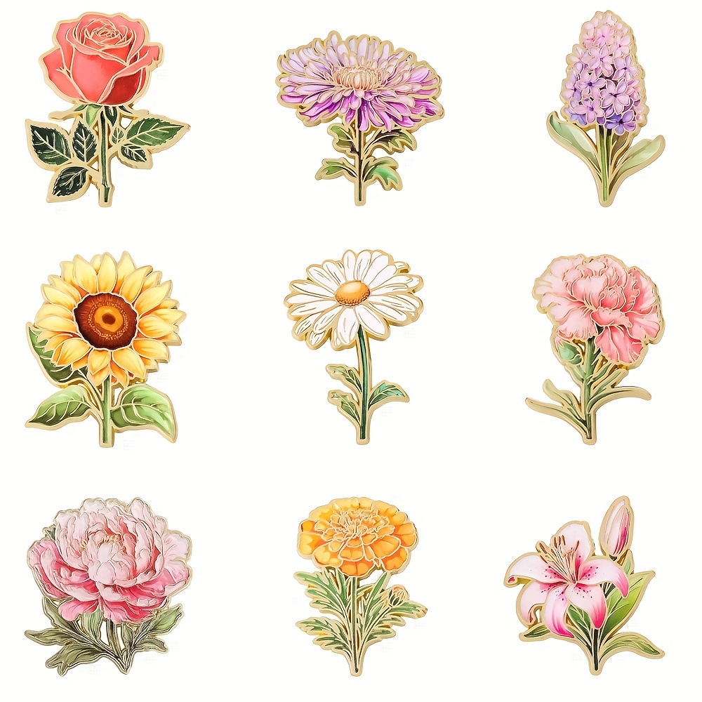 E-shop Set von Bunten Blumen-Emaille-Broschen - Komplexes Blumendesign mit Rosa, Lila, Roten und Weißen Blumen - für Kleidungszubehör,