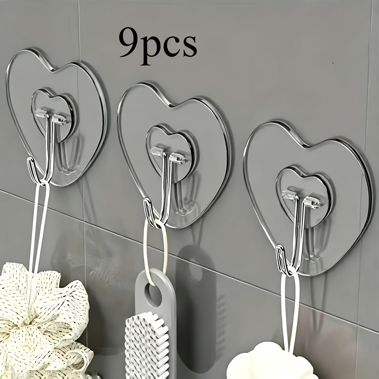 TEMU 9pcs Large Heavy-duty Adhesive Hooks, No Drilling Required, Featuring A Transparent Plastic Suction Cup Design With Thickened Heart-shaped Wall
